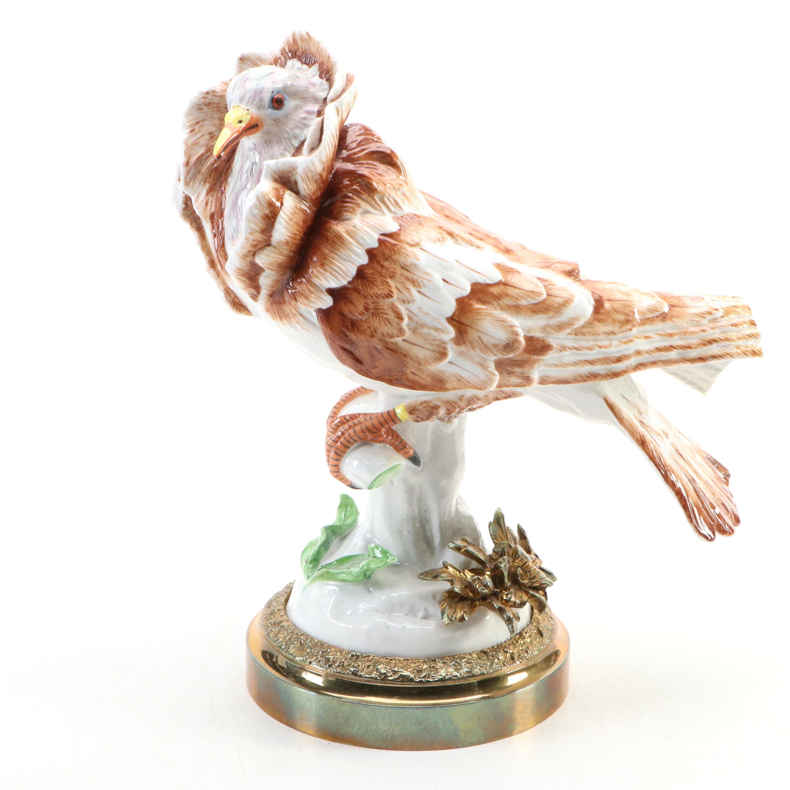 Achille Bloch French Porcelain Jacobin Pigeon Figurine Mounted on Ormolu Base