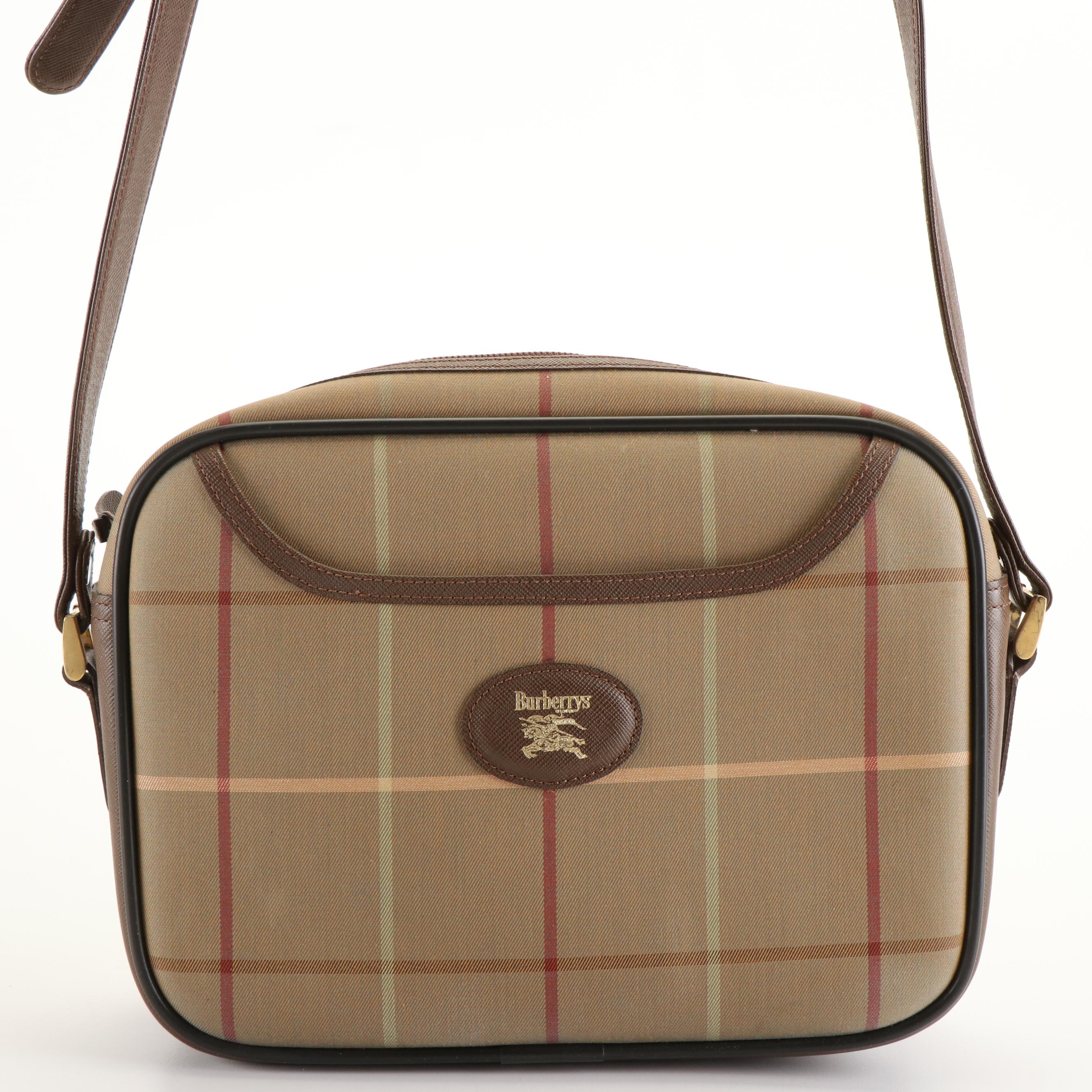 Burberrys Classic Shoulder Bag in Brown Plaid Canvas and Leather