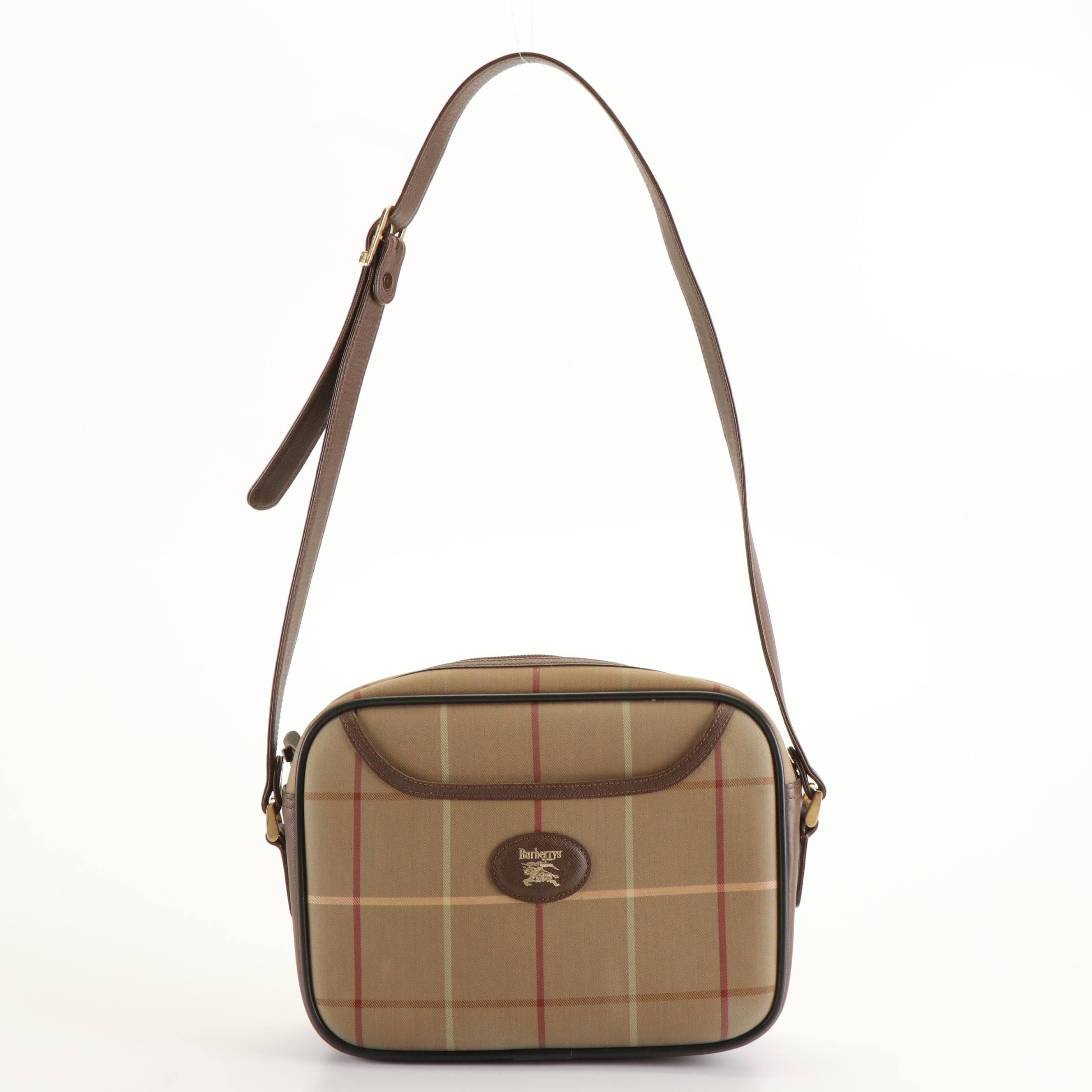 Burberrys Classic Shoulder Bag in Brown Plaid Canvas and Leather