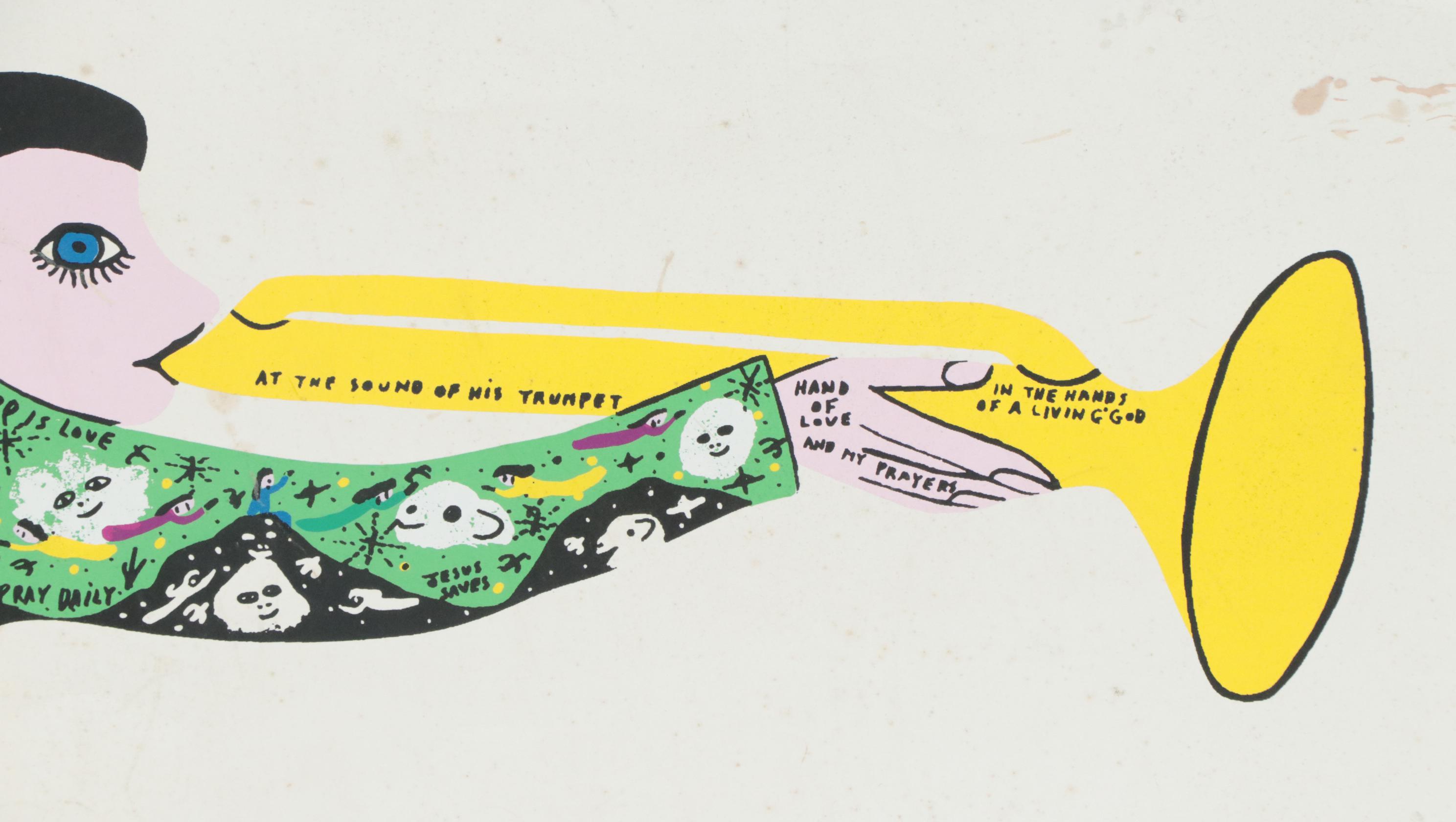 Howard Finster Folk Art Offset Lithograph of Trumpeting Angel