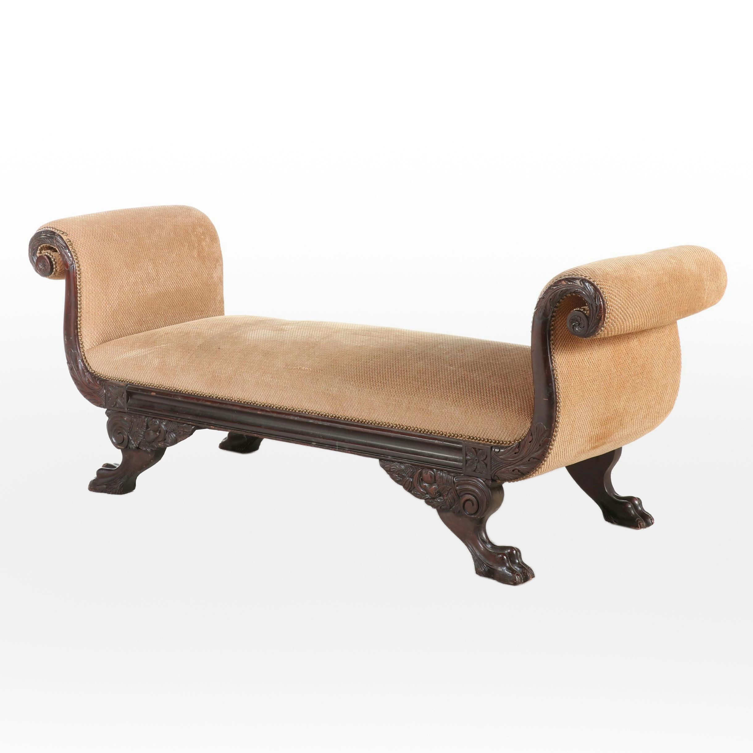 American Empire Revival Scrolled Arm Winged Paw Foot Bench, Late 19th Century