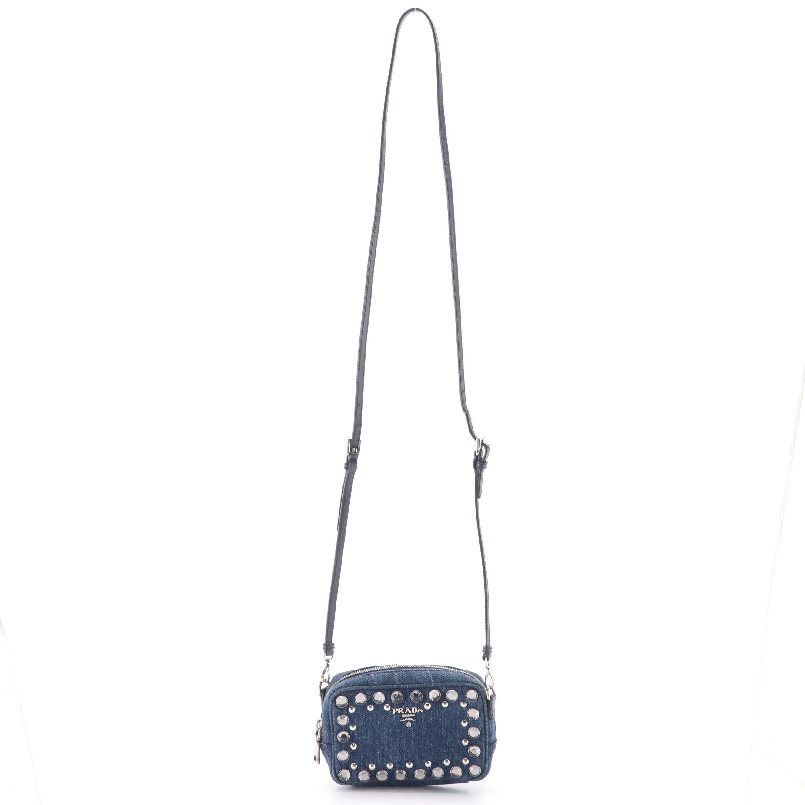 Prada Rhinestone Studded Denim Mini Zip Crossbody Bag