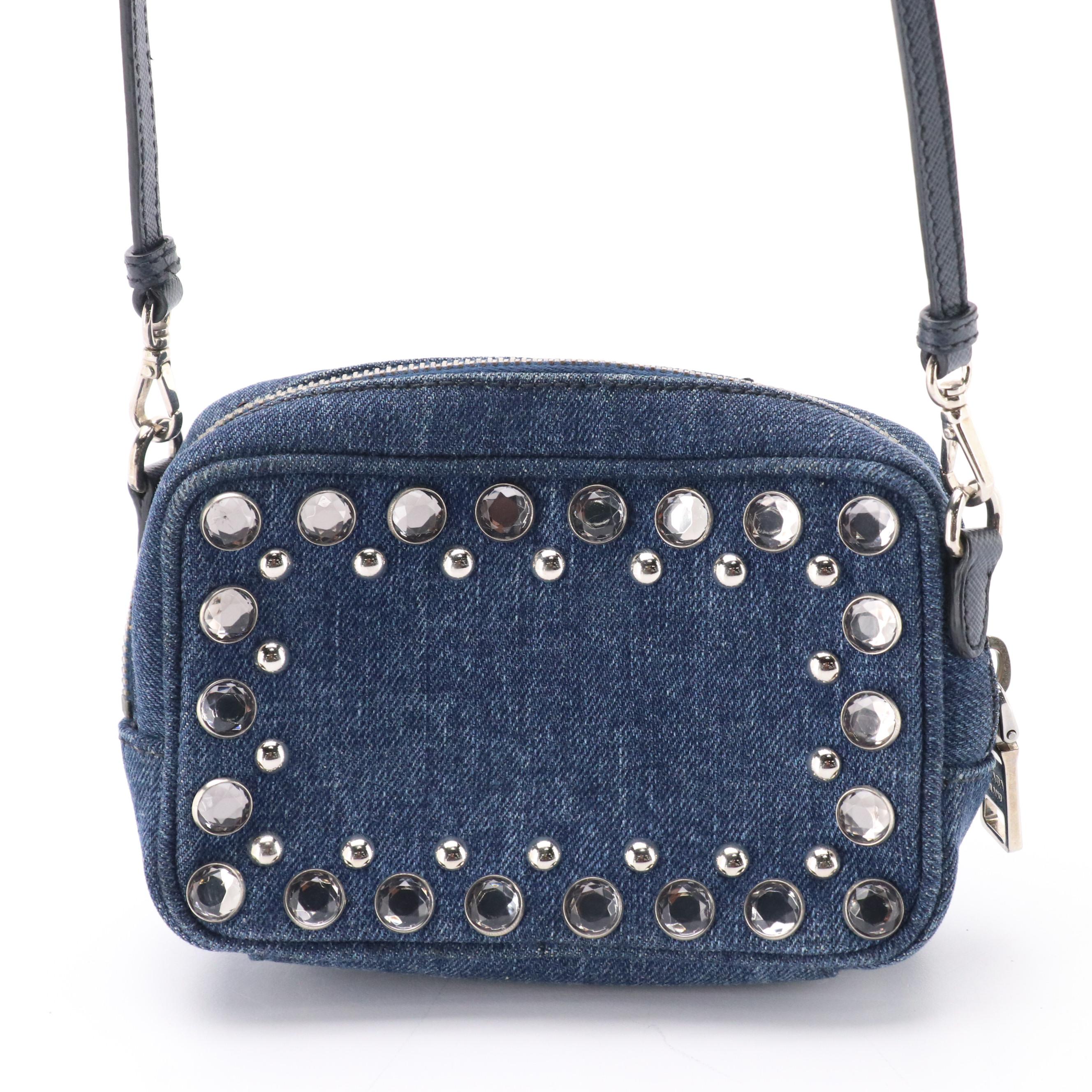Prada Rhinestone Studded Denim Mini Zip Crossbody Bag