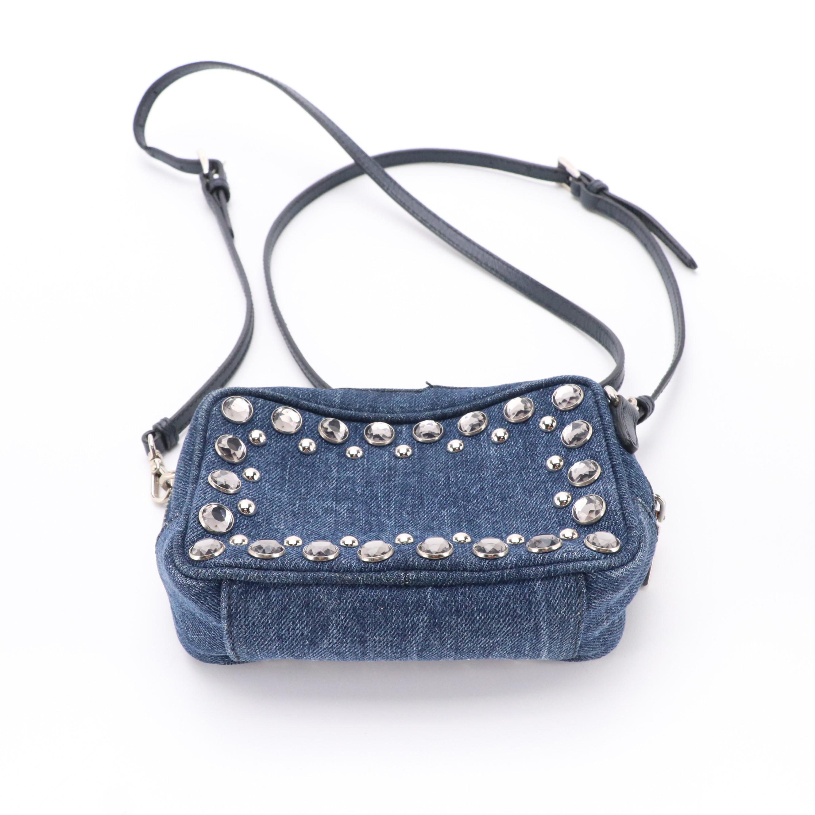 Prada Rhinestone Studded Denim Mini Zip Crossbody Bag
