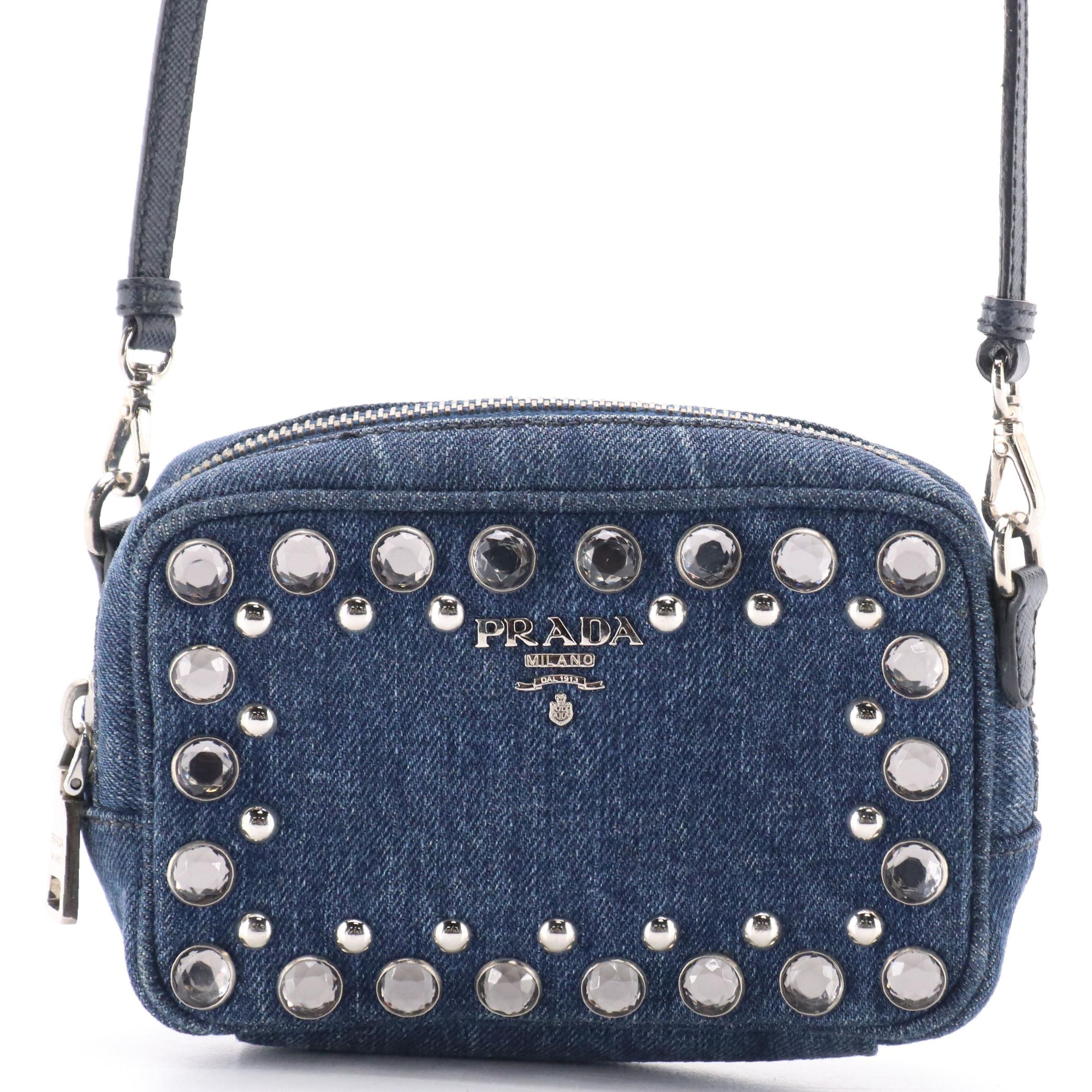Prada Rhinestone Studded Denim Mini Zip Crossbody Bag