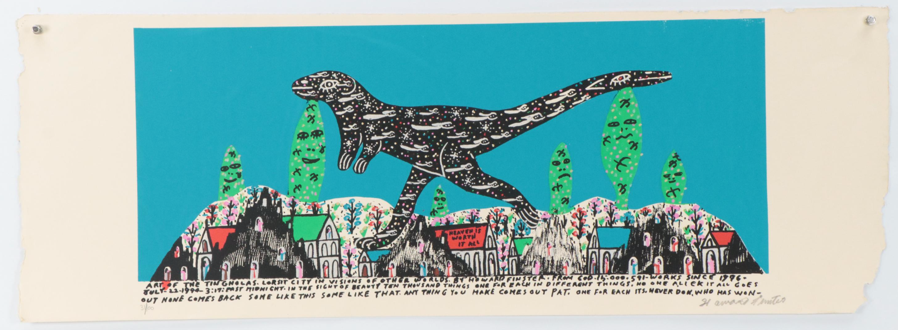 Howard Finster Folk Art Serigraph "Leaping Lizard," Late 20th Century
