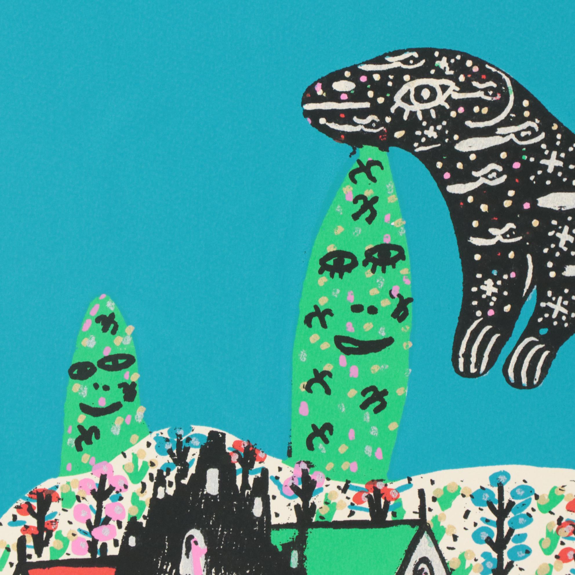 Howard Finster Folk Art Serigraph "Leaping Lizard," Late 20th Century