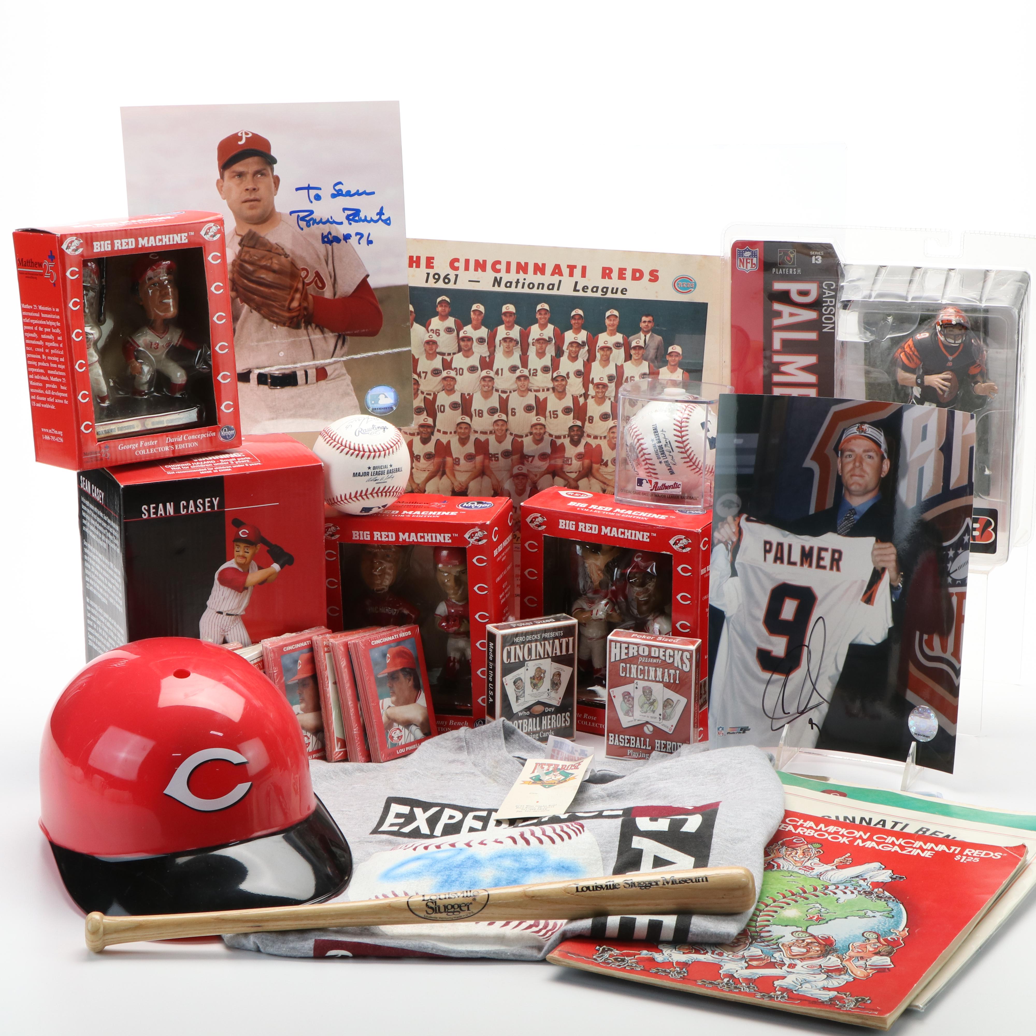 Carson Palmer Signed Print with Chris Sabo and Sam LeCure Signed Baseball, More