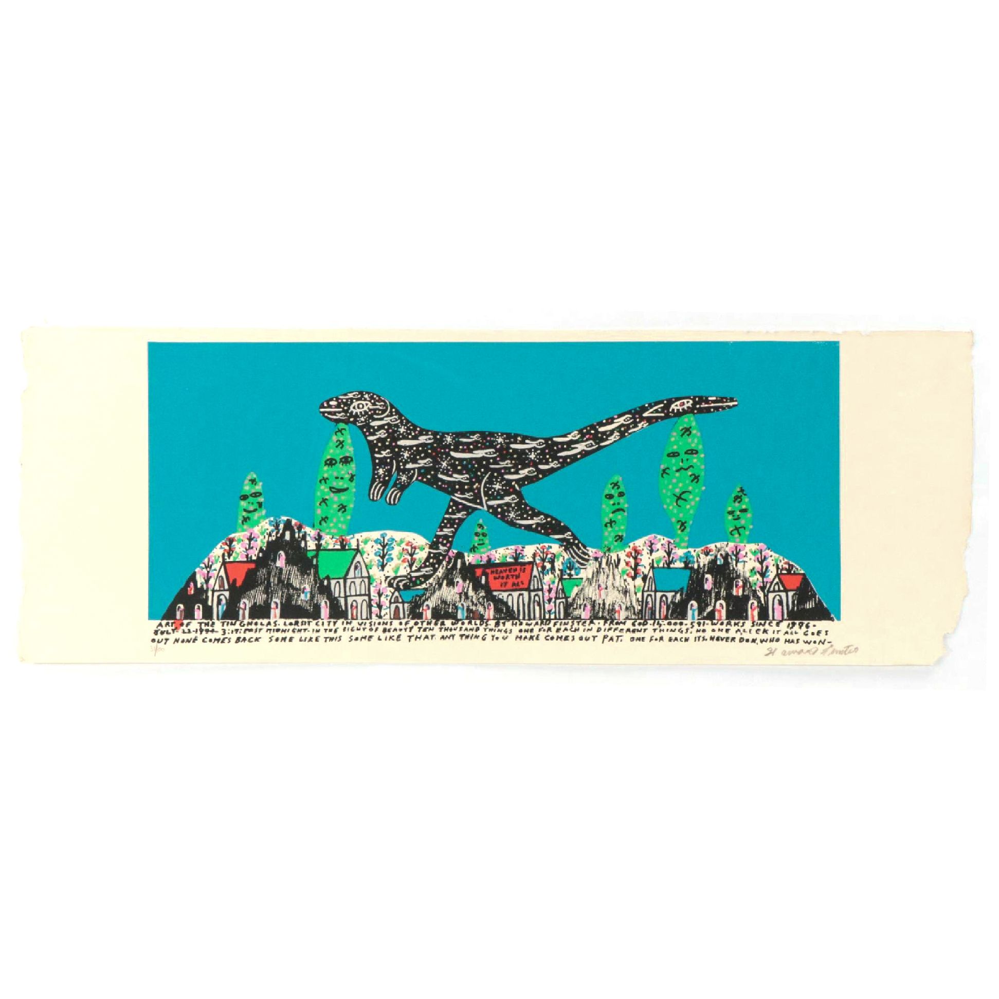 Howard Finster Folk Art Serigraph "Leaping Lizard," Late 20th Century