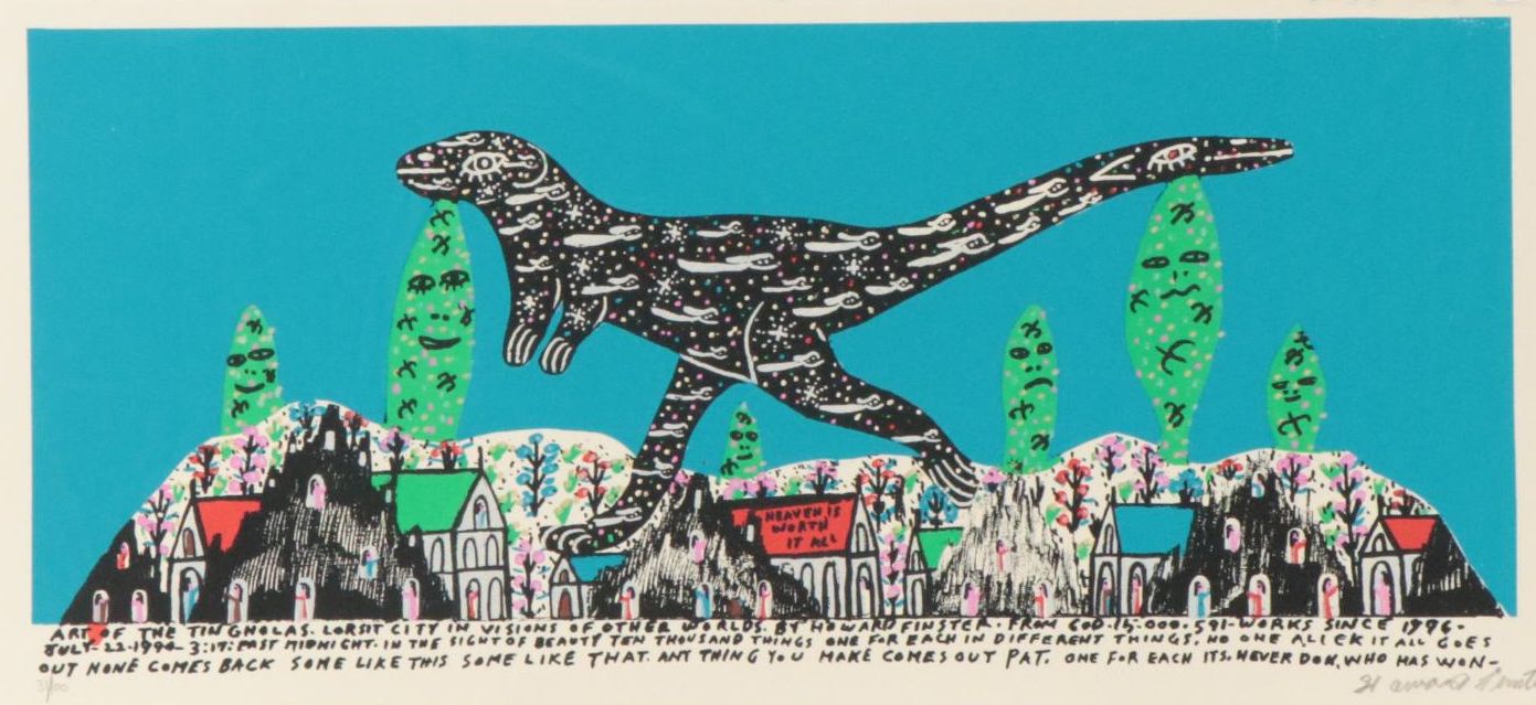Howard Finster Folk Art Serigraph "Leaping Lizard," Late 20th Century