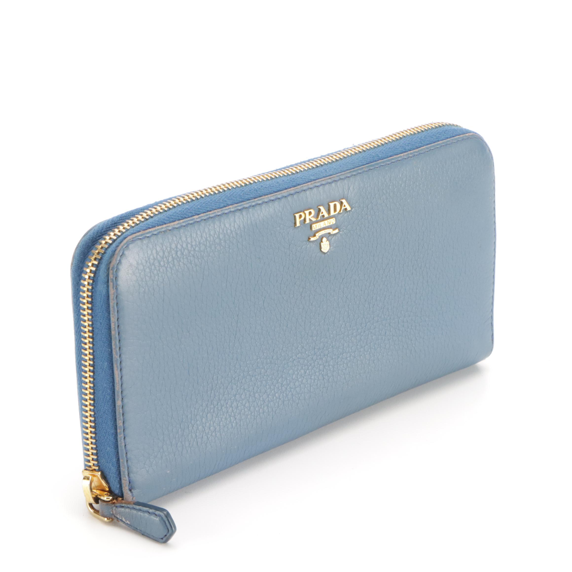 Prada Blue Grained Leather Zip-Around Long Wallet