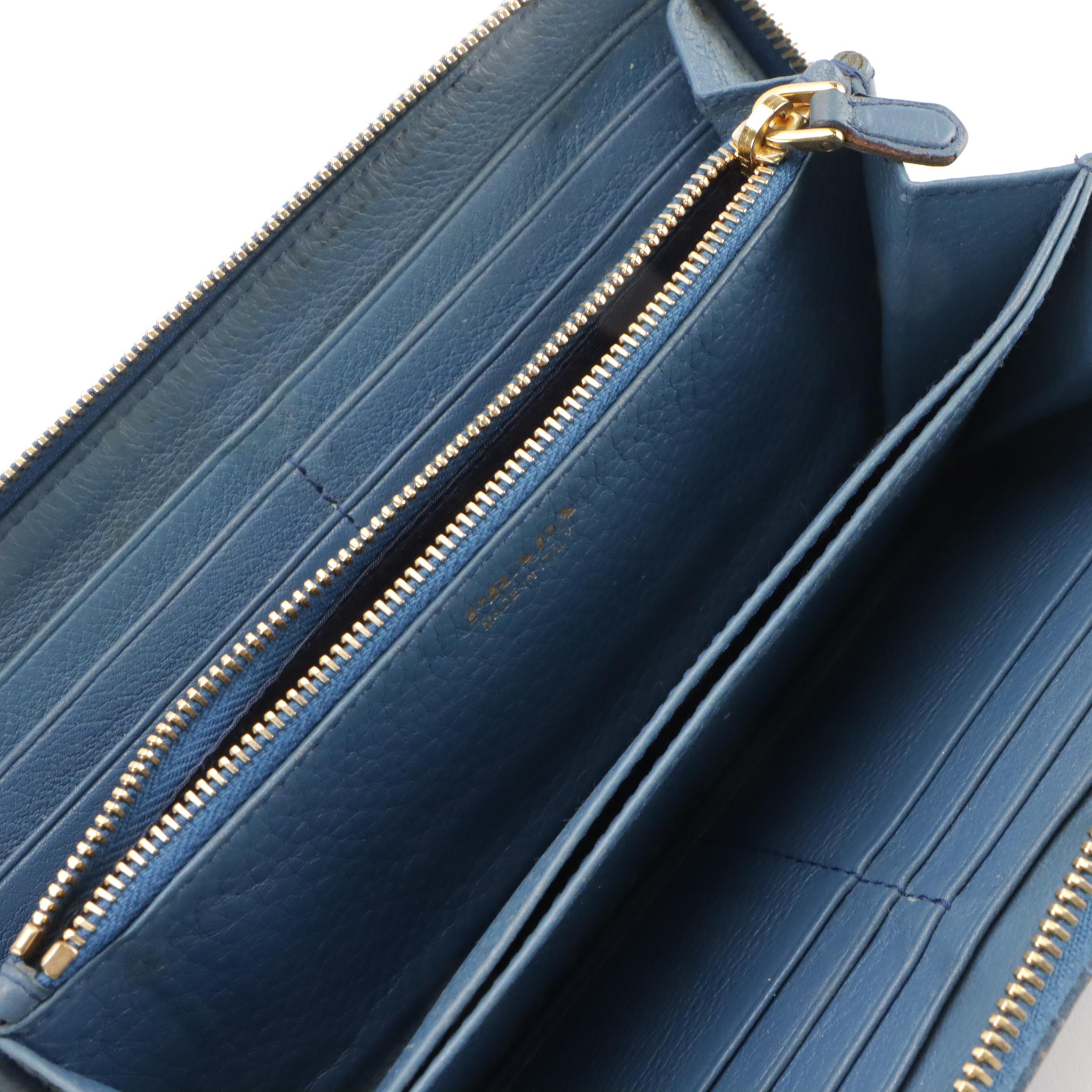 Prada Blue Grained Leather Zip-Around Long Wallet