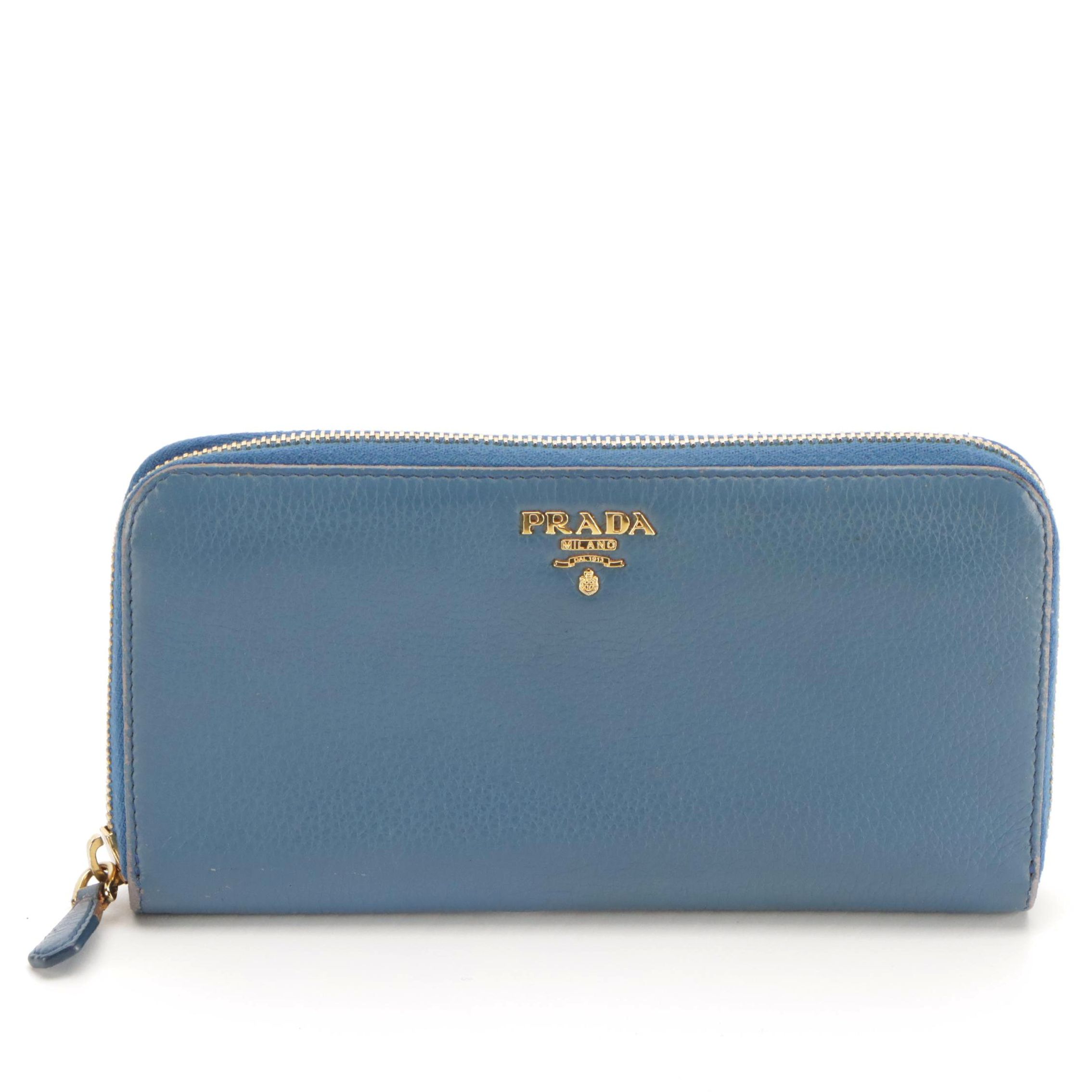 Prada Blue Grained Leather Zip-Around Long Wallet