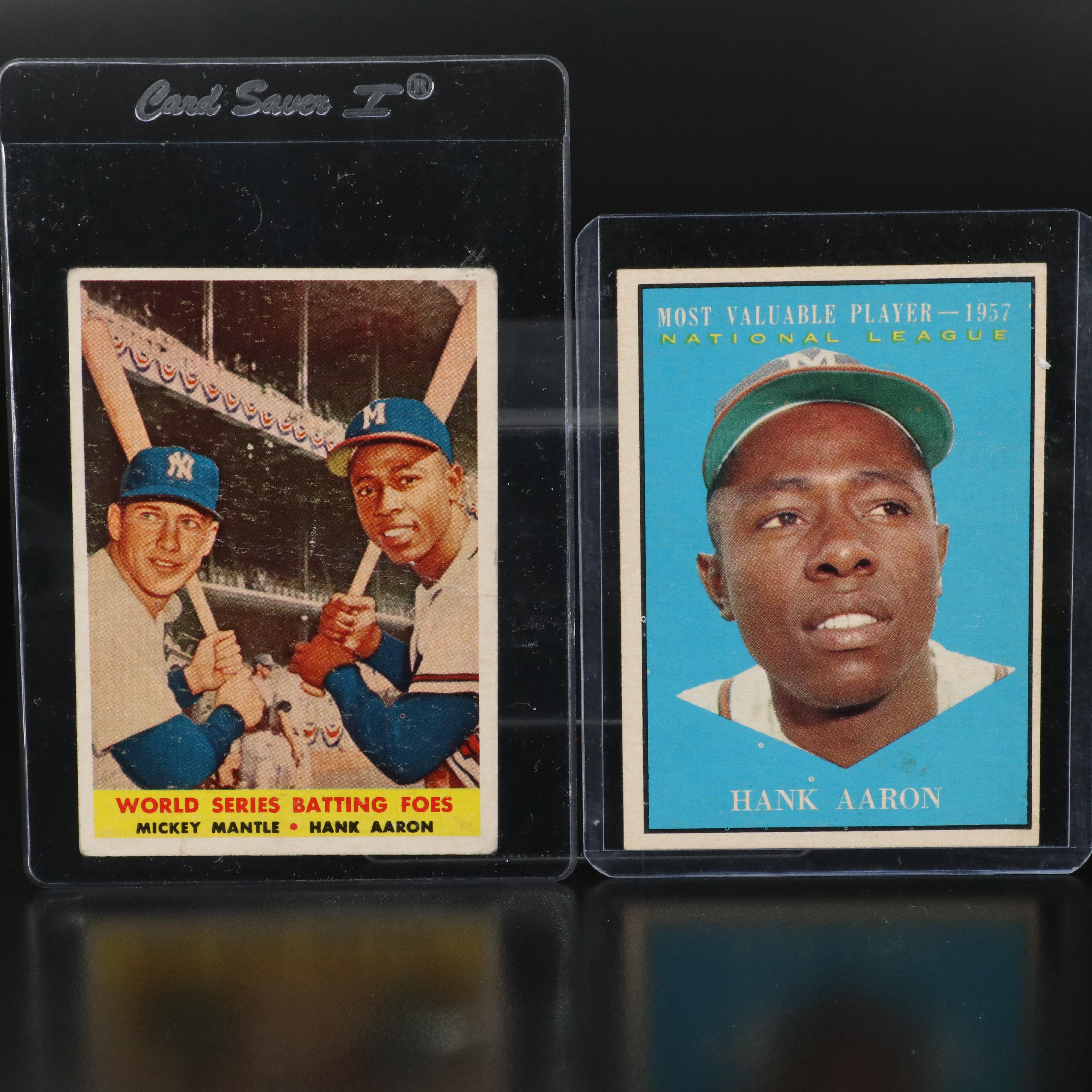 1958 Topps Mickey Mantle and Hank Aaron Batting Foes with 1961 MVP Baseball Card