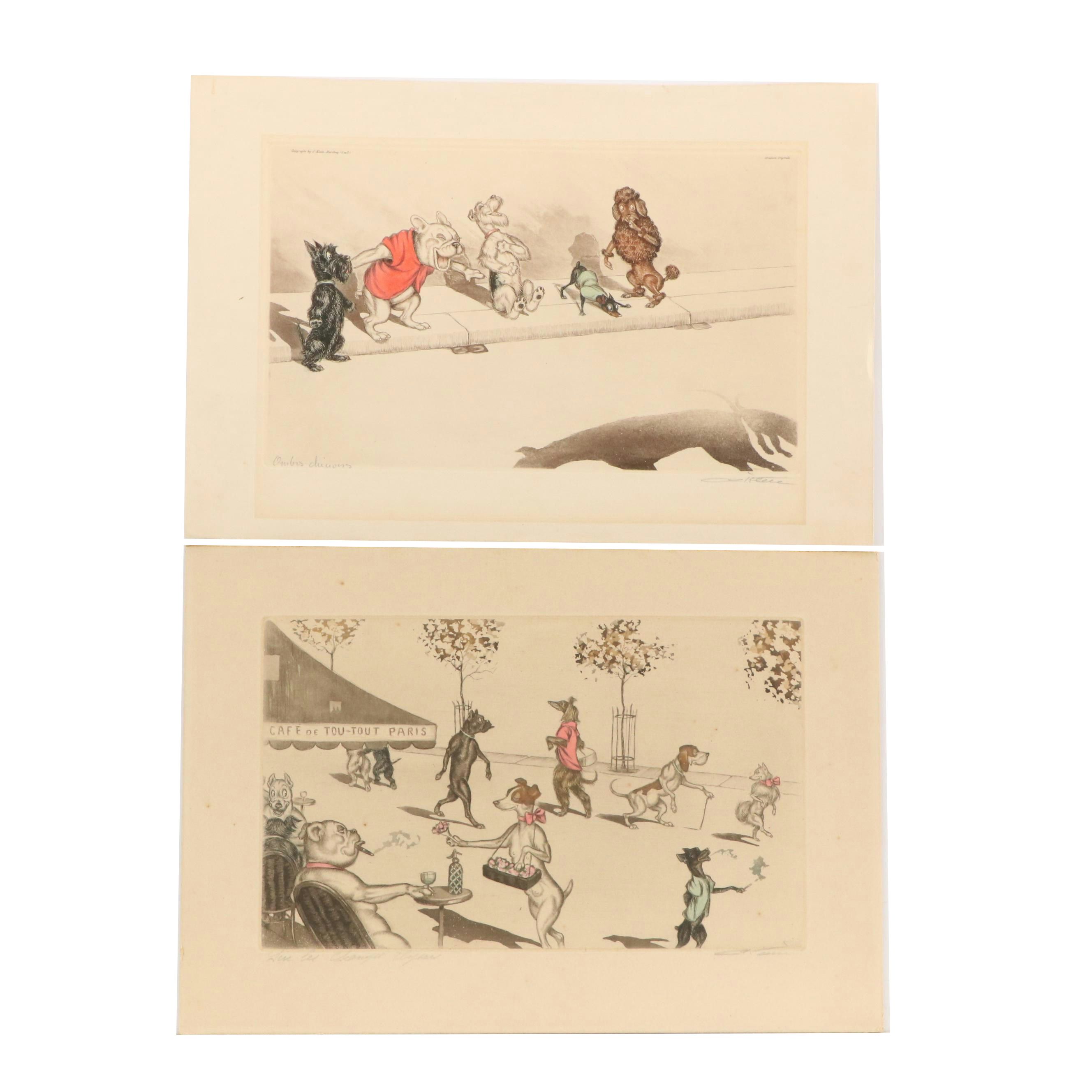 Boris O'Klein Hand-Colored Etchings Including "Les Champs Elysees"