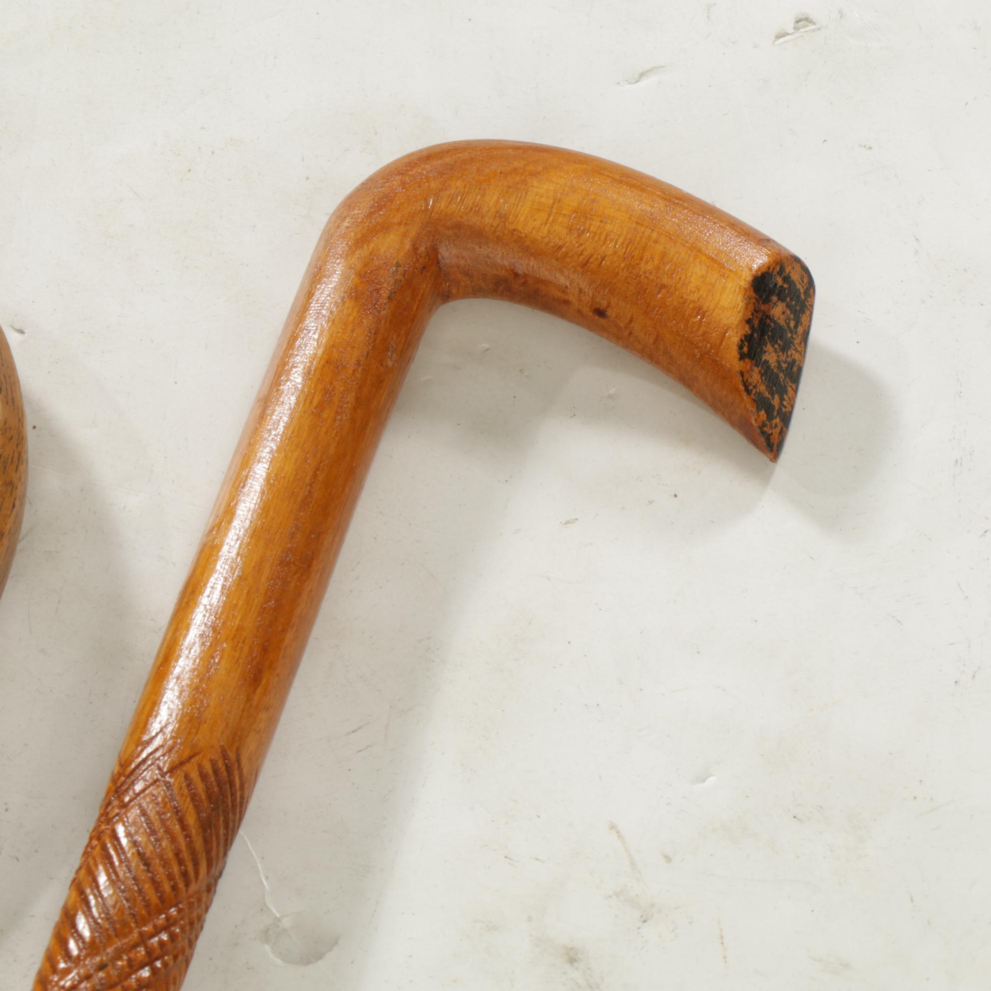Walnut Shepherd's Hook Cane with Two Other Wood Canes