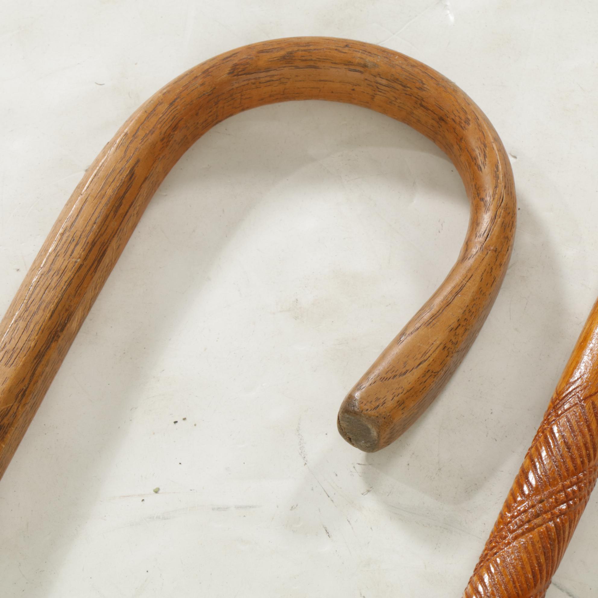 Walnut Shepherd's Hook Cane with Two Other Wood Canes