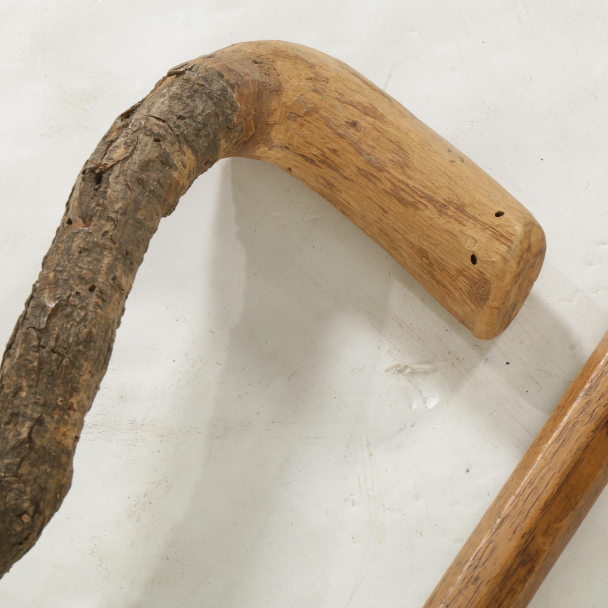 Walnut Shepherd's Hook Cane with Two Other Wood Canes
