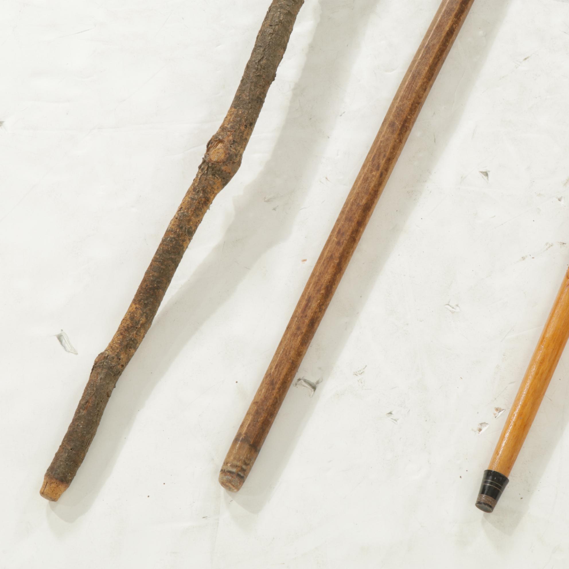 Walnut Shepherd's Hook Cane with Two Other Wood Canes