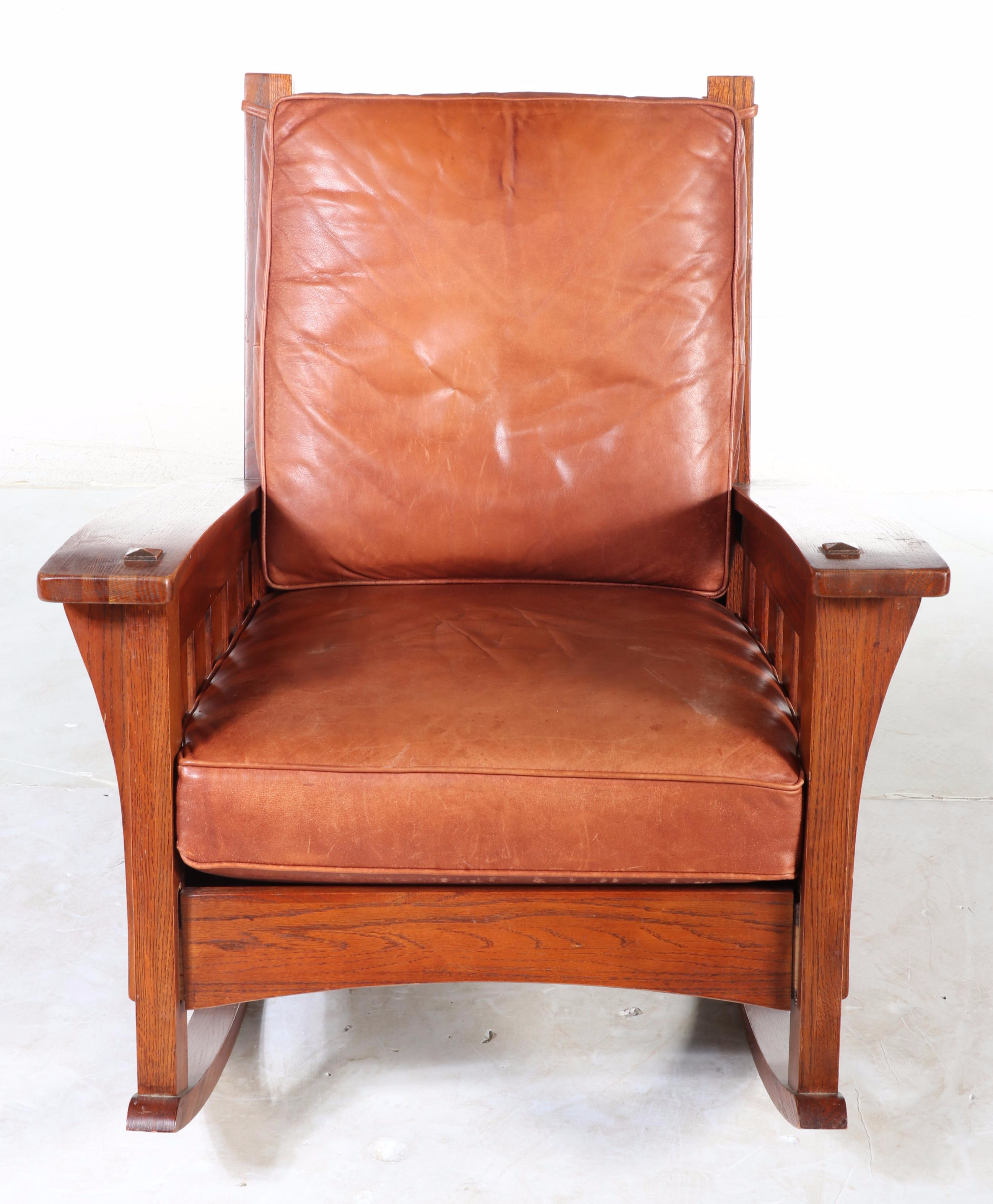 Craftsman Style Oak and Leather Rocking Chair, 20th Century