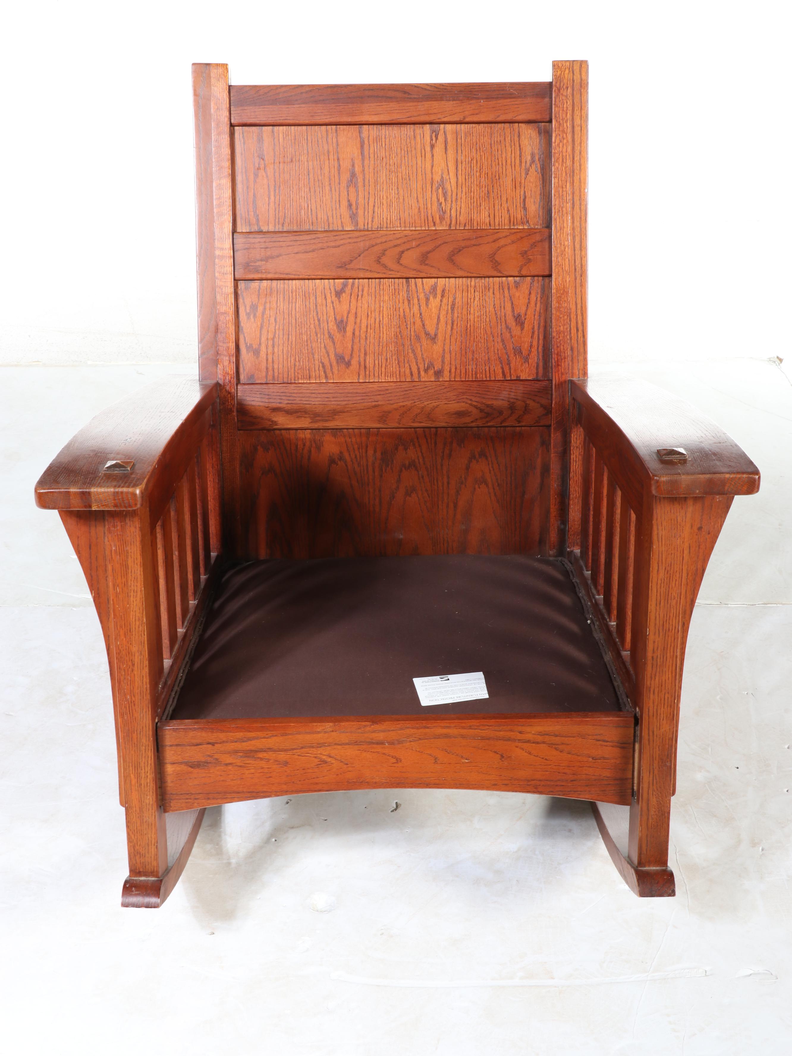 Craftsman Style Oak and Leather Rocking Chair, 20th Century