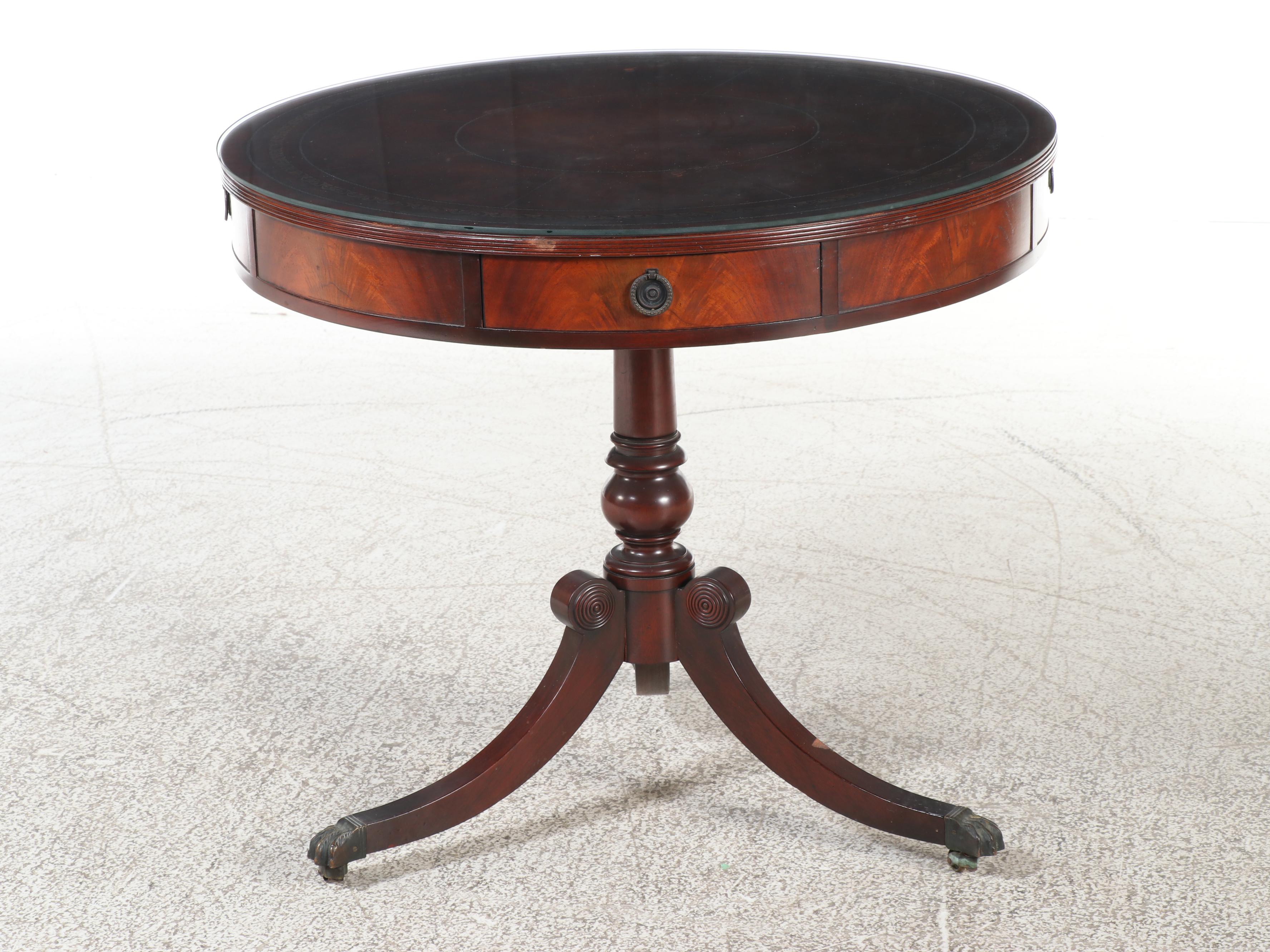 Duncan Phyfe Style Mahogany Drum Table with Tooled Leather Top