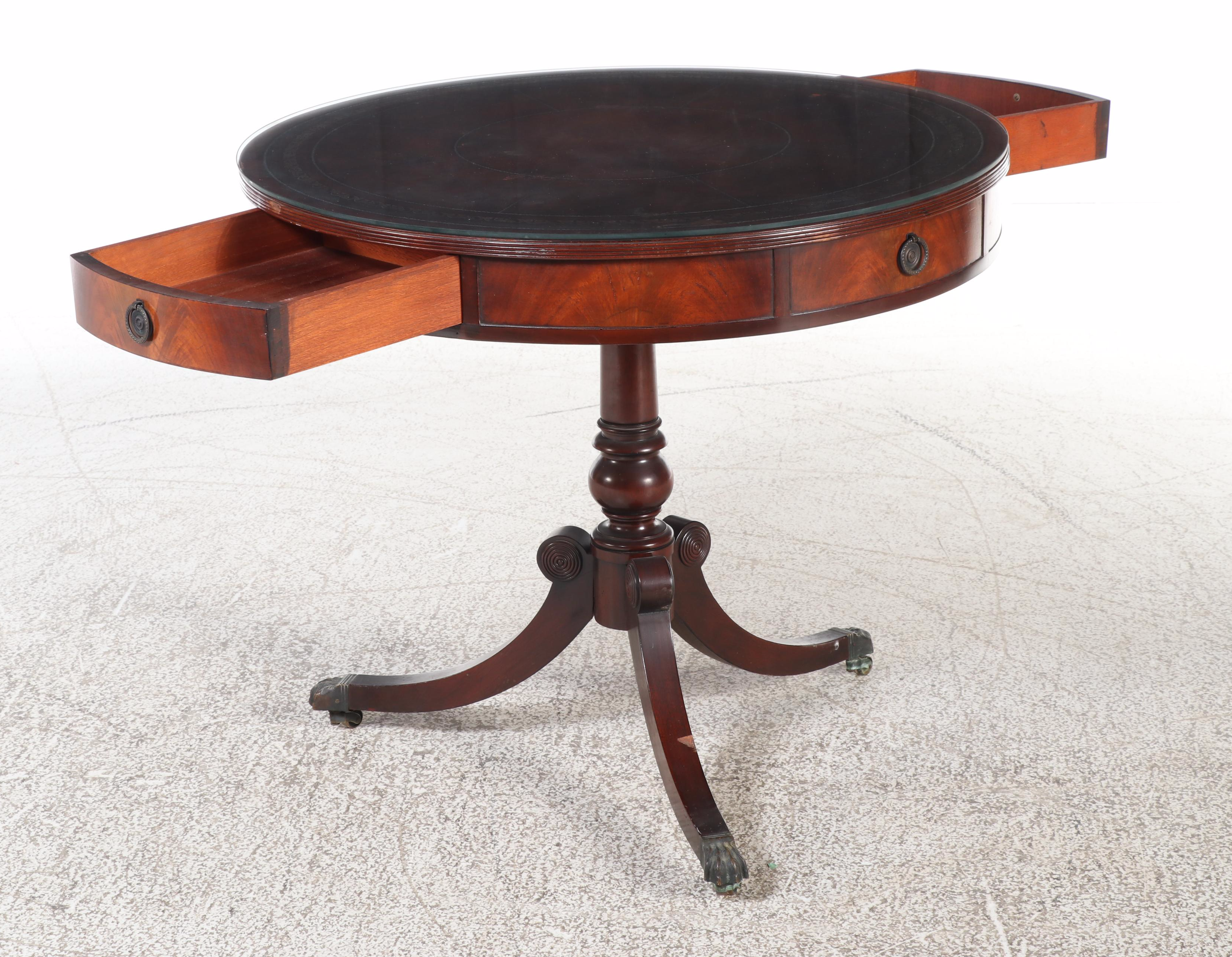 Duncan Phyfe Style Mahogany Drum Table with Tooled Leather Top