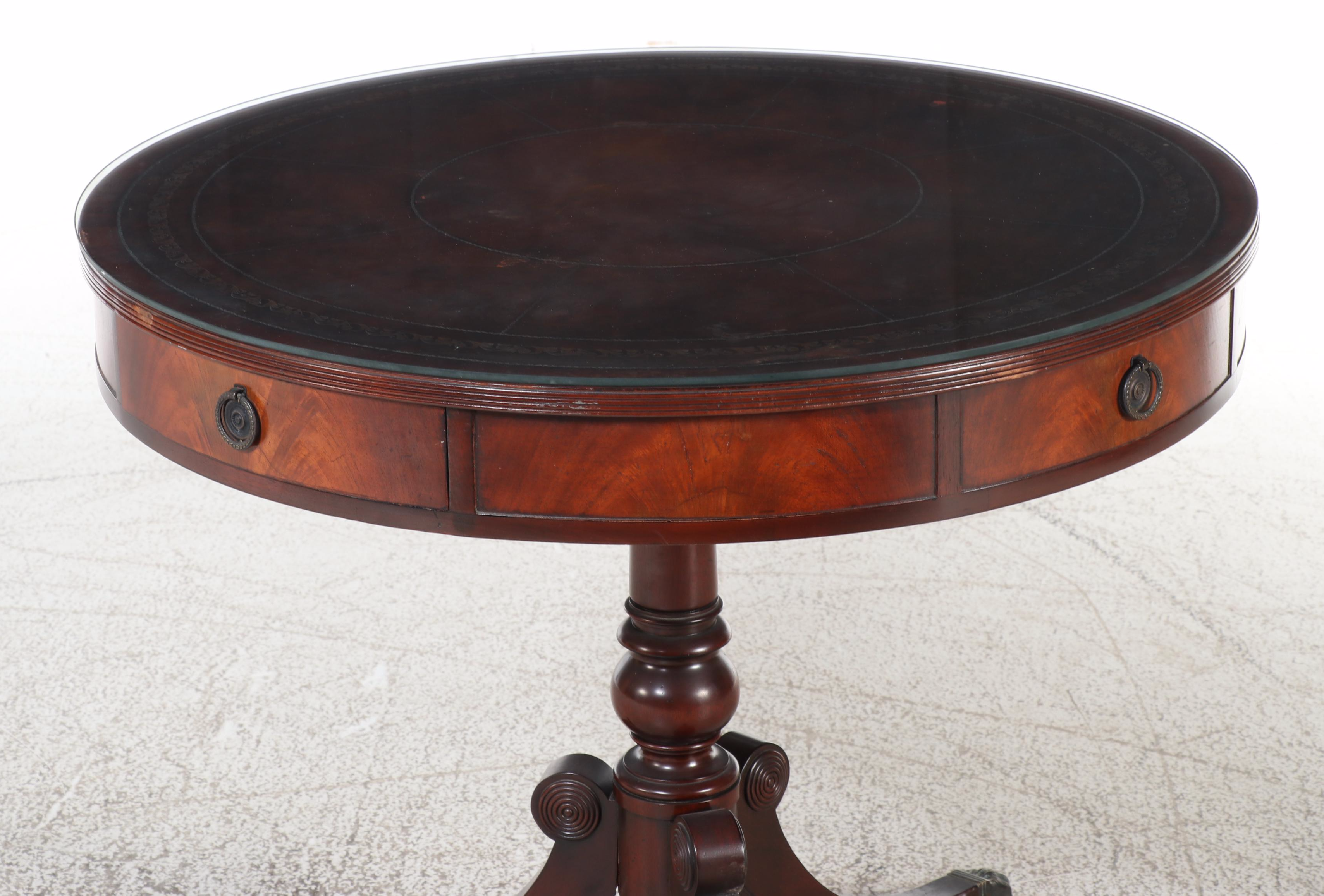 Duncan Phyfe Style Mahogany Drum Table with Tooled Leather Top