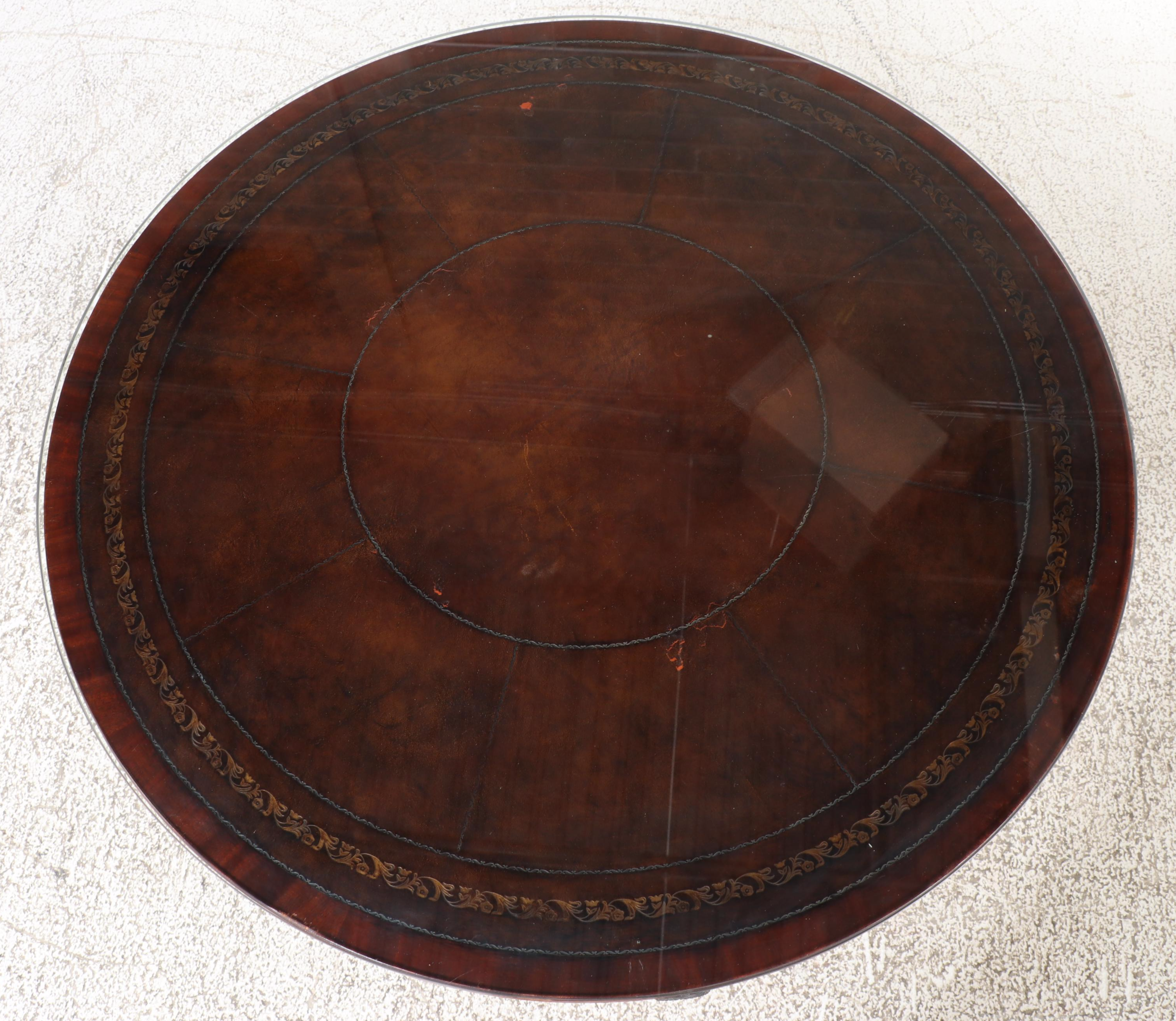 Duncan Phyfe Style Mahogany Drum Table with Tooled Leather Top