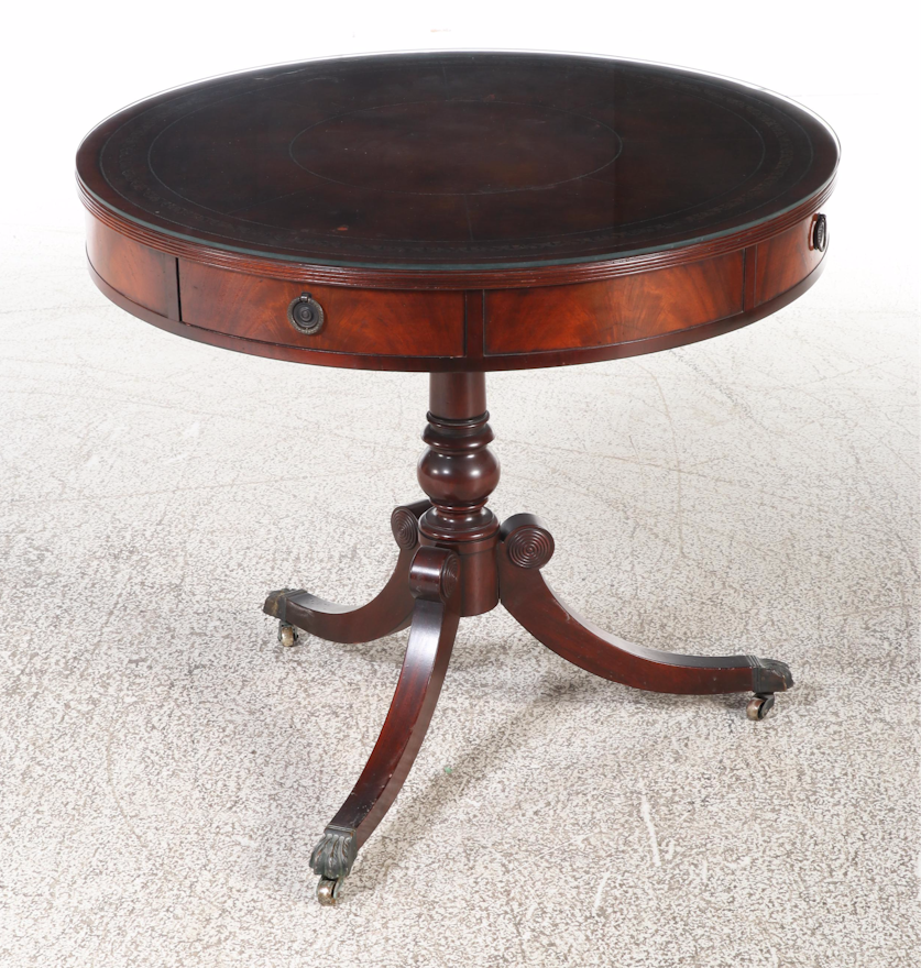 Duncan Phyfe Style Mahogany Drum Table with Tooled Leather Top | EBTH