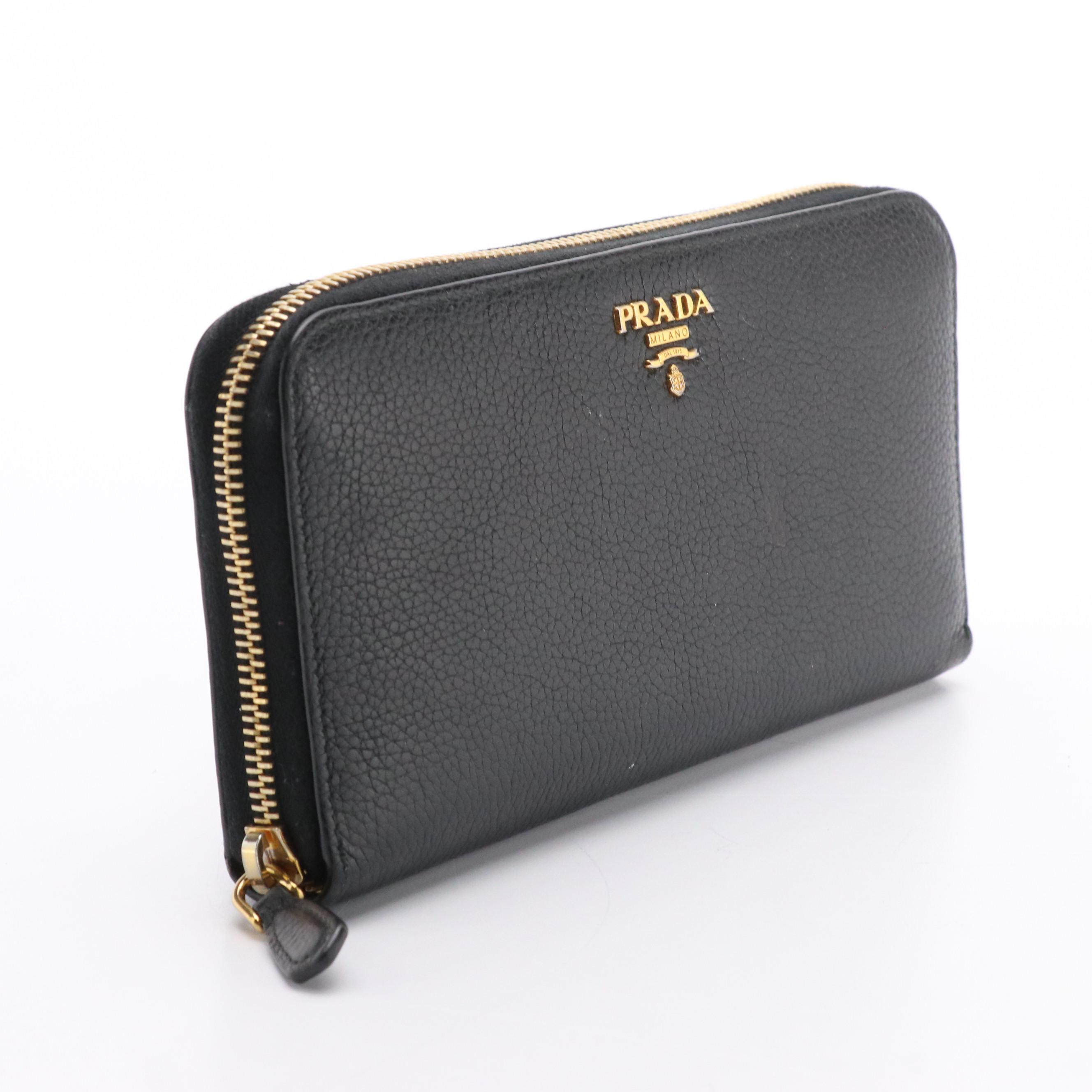 Prada Black Vitello Daino Leather Zip-Around Wallet with Box