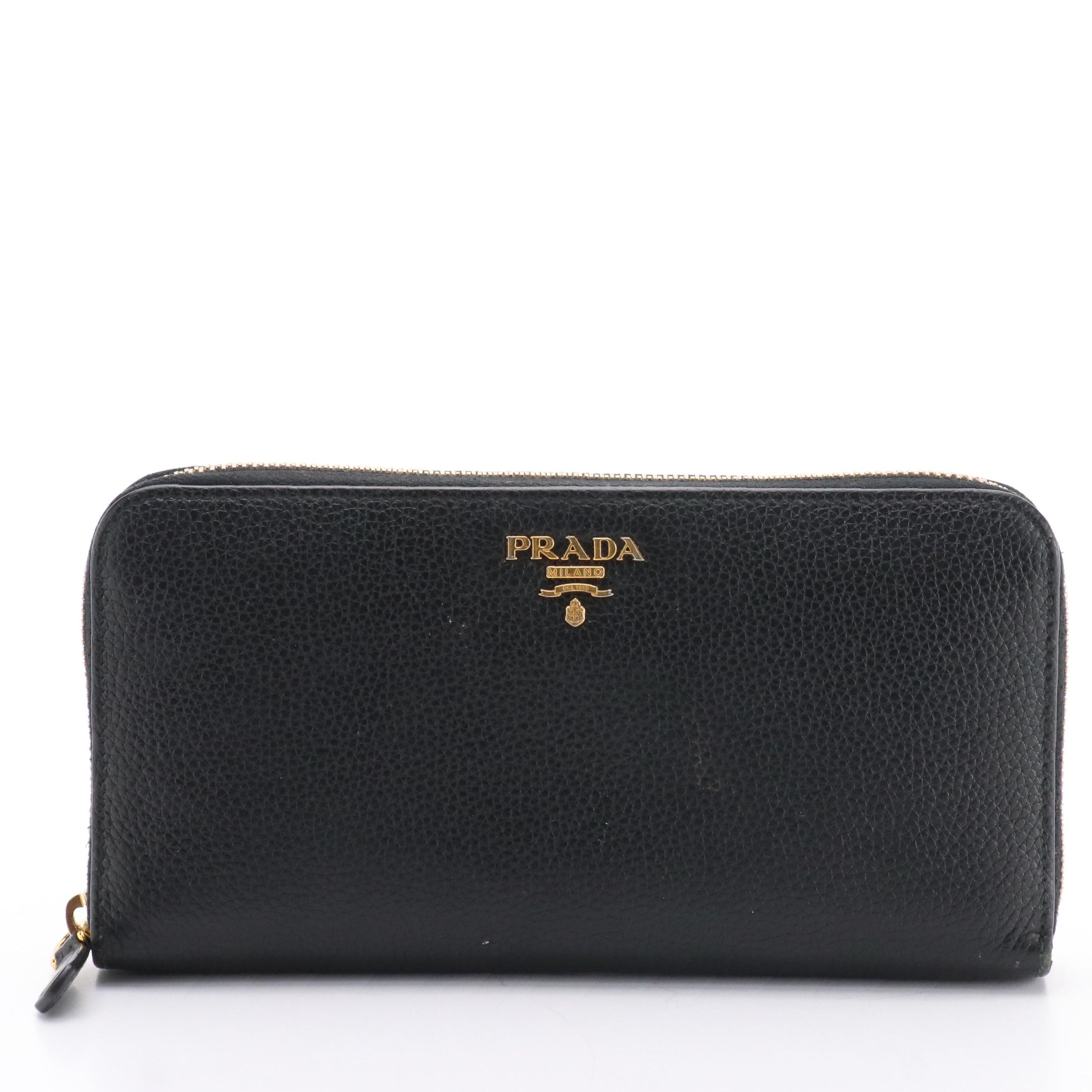 Prada Black Vitello Daino Leather Zip-Around Wallet with Box