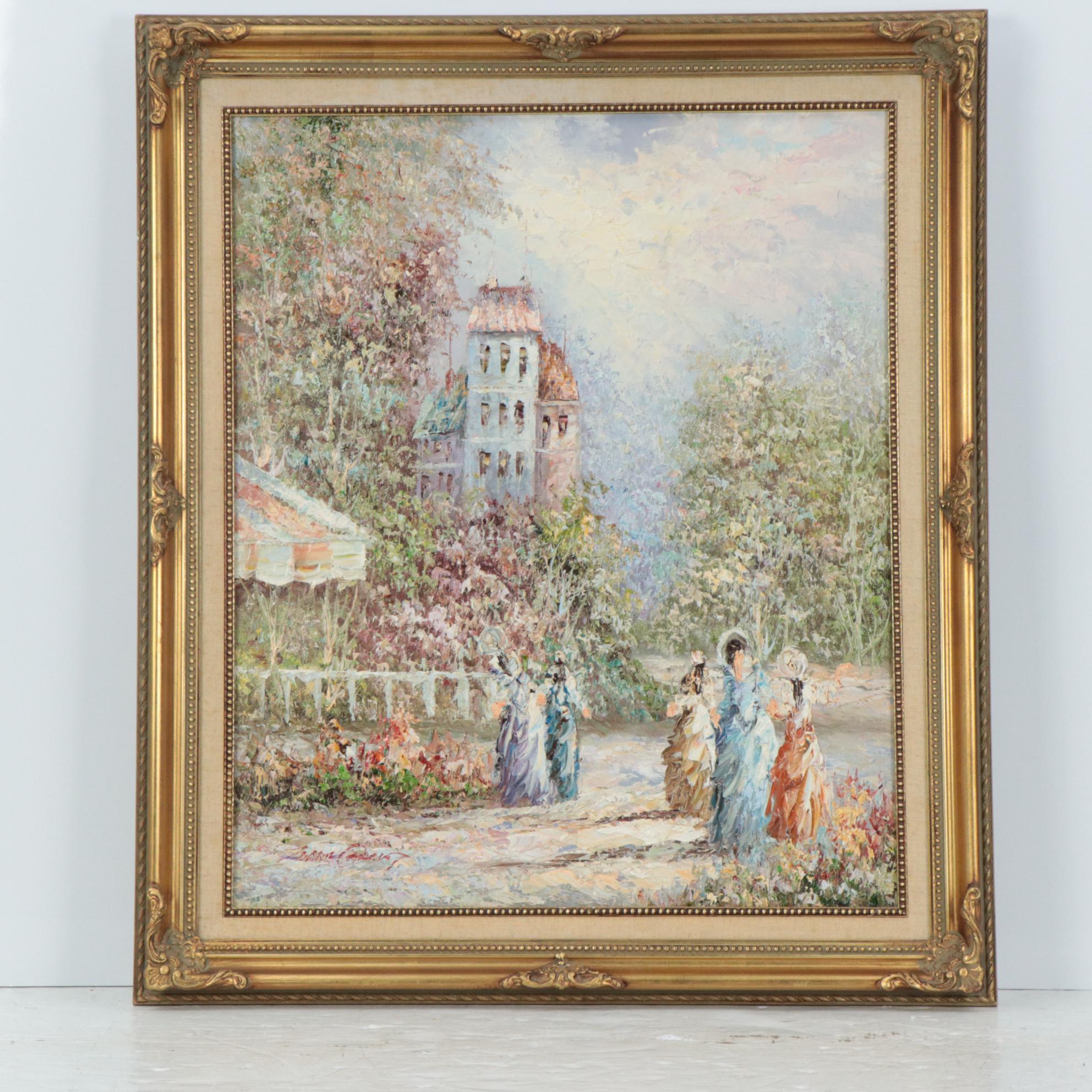 Marie Charlot Impasto Oil Painting with Figures in European City Scene, 1989