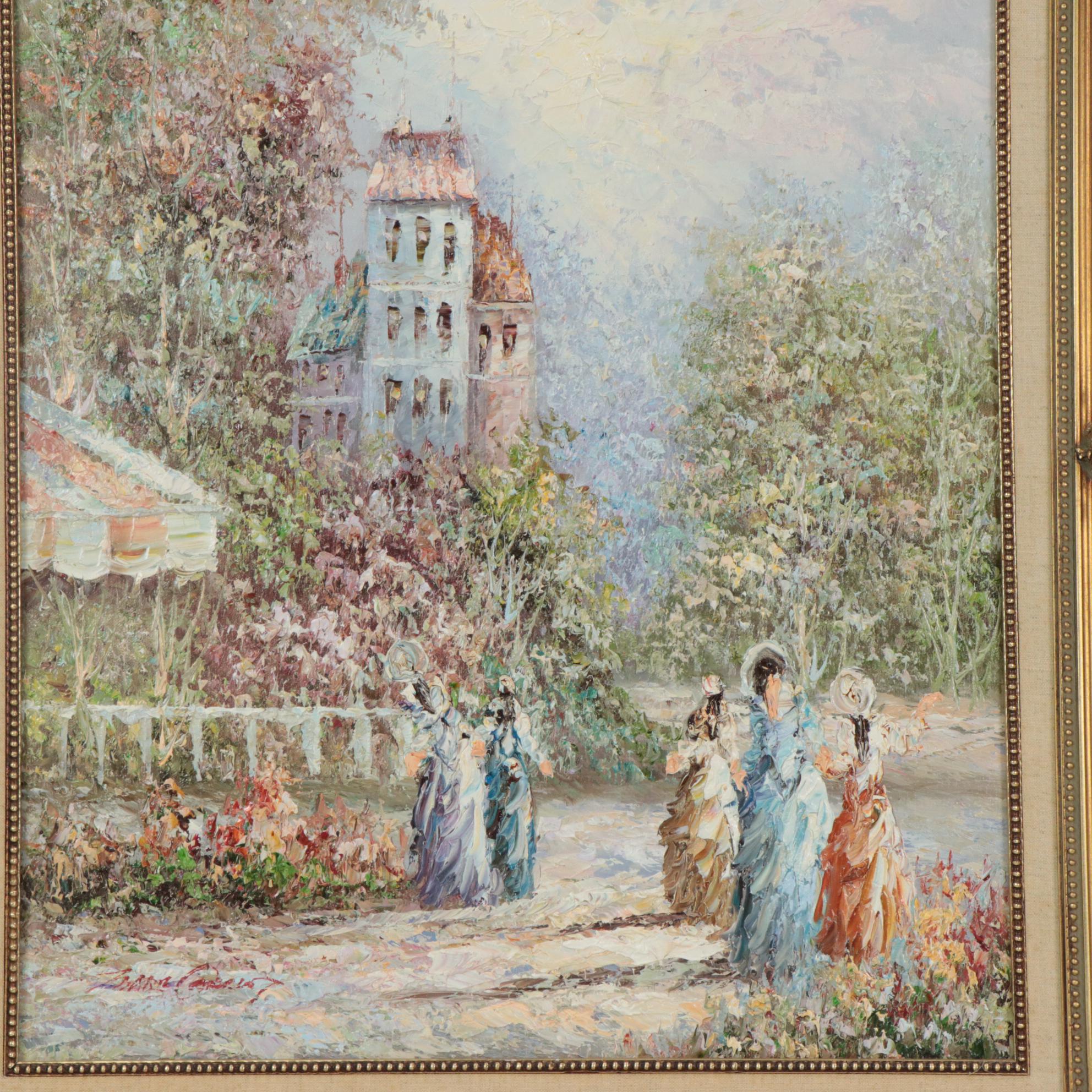 Marie Charlot Impasto Oil Painting with Figures in European City Scene, 1989