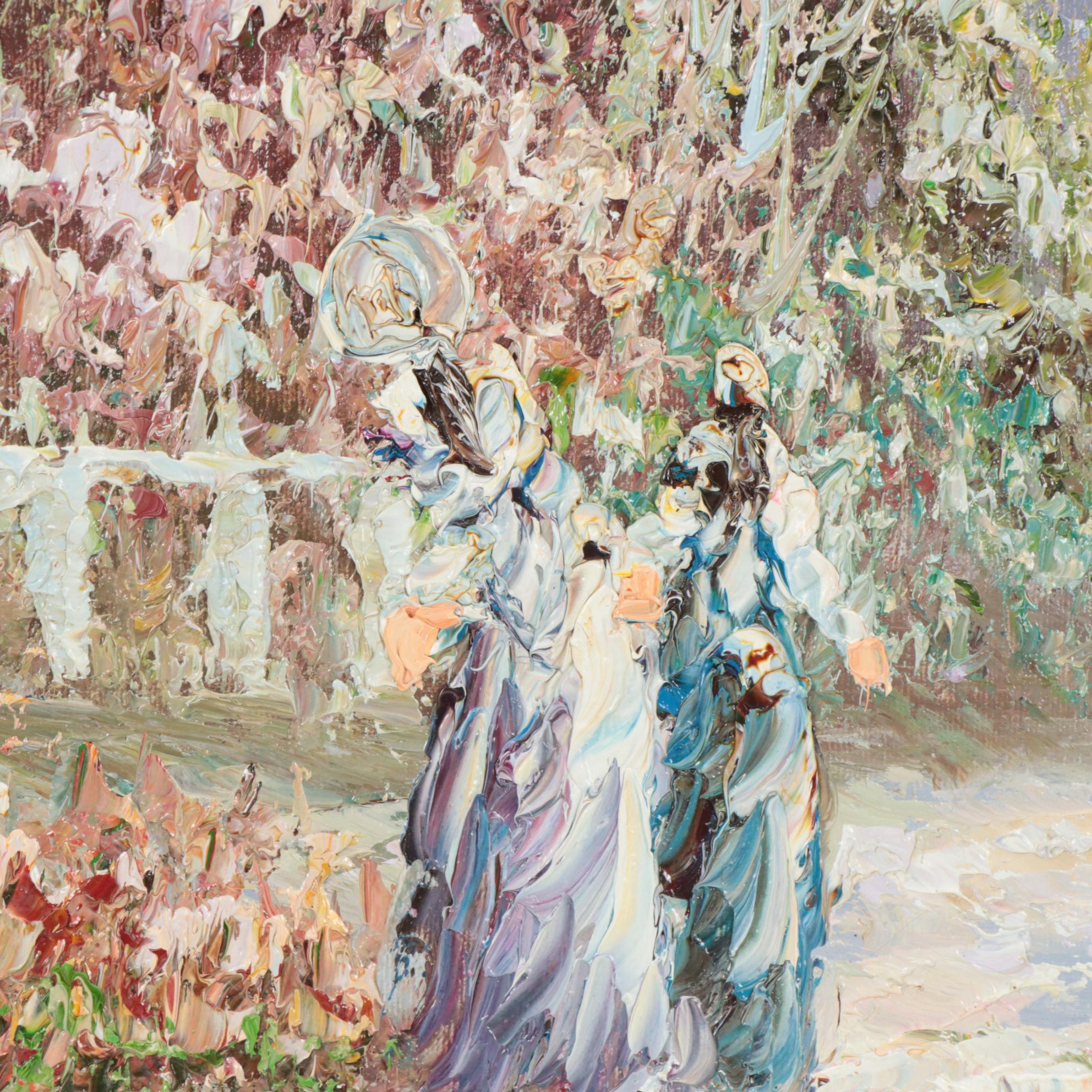 Marie Charlot Impasto Oil Painting with Figures in European City Scene, 1989