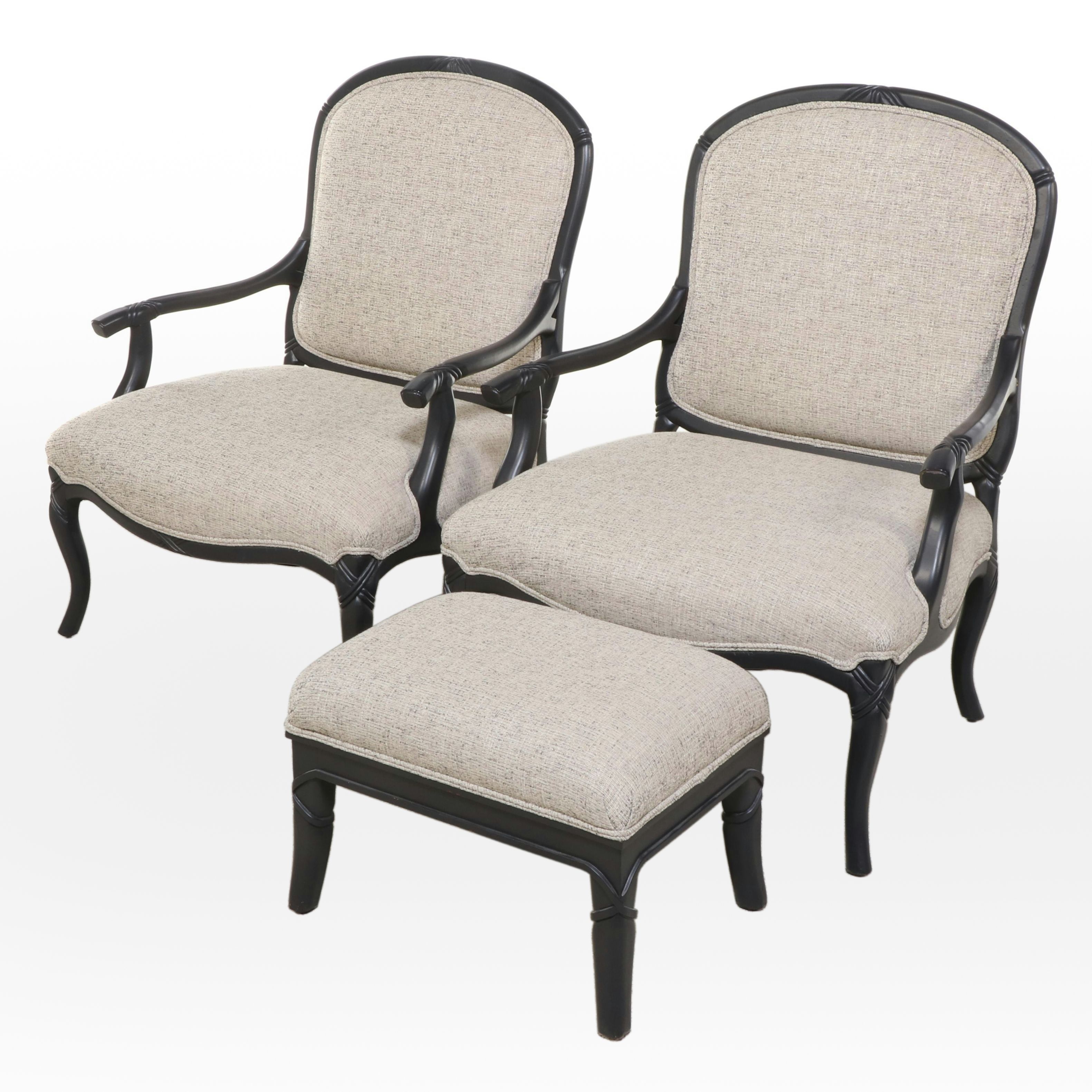 Pair of French Style Bergère Chairs and Ottoman