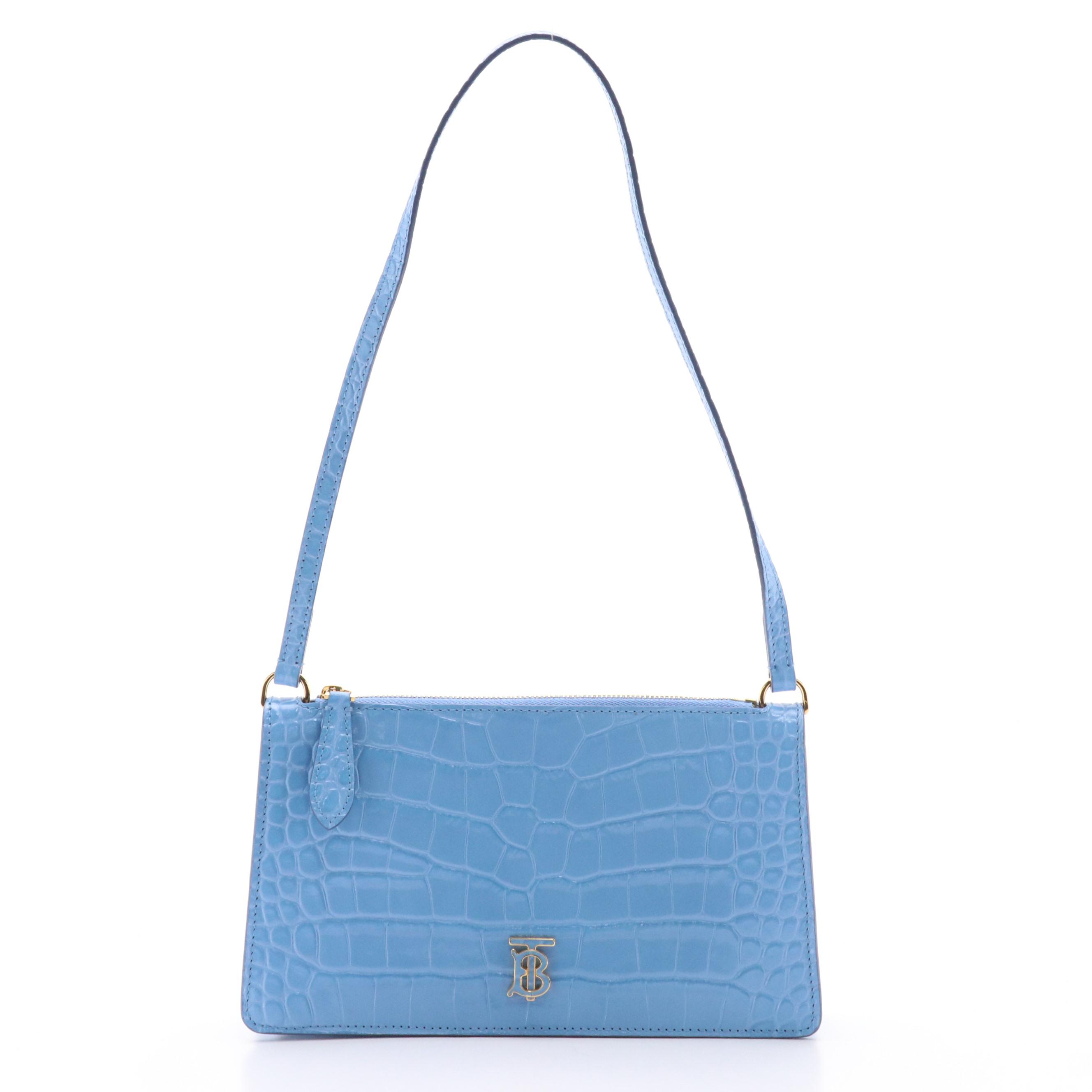 Burberry TB Logo Sky Blue Croc-Embossed Leather Mini Zip Shoulder Bag