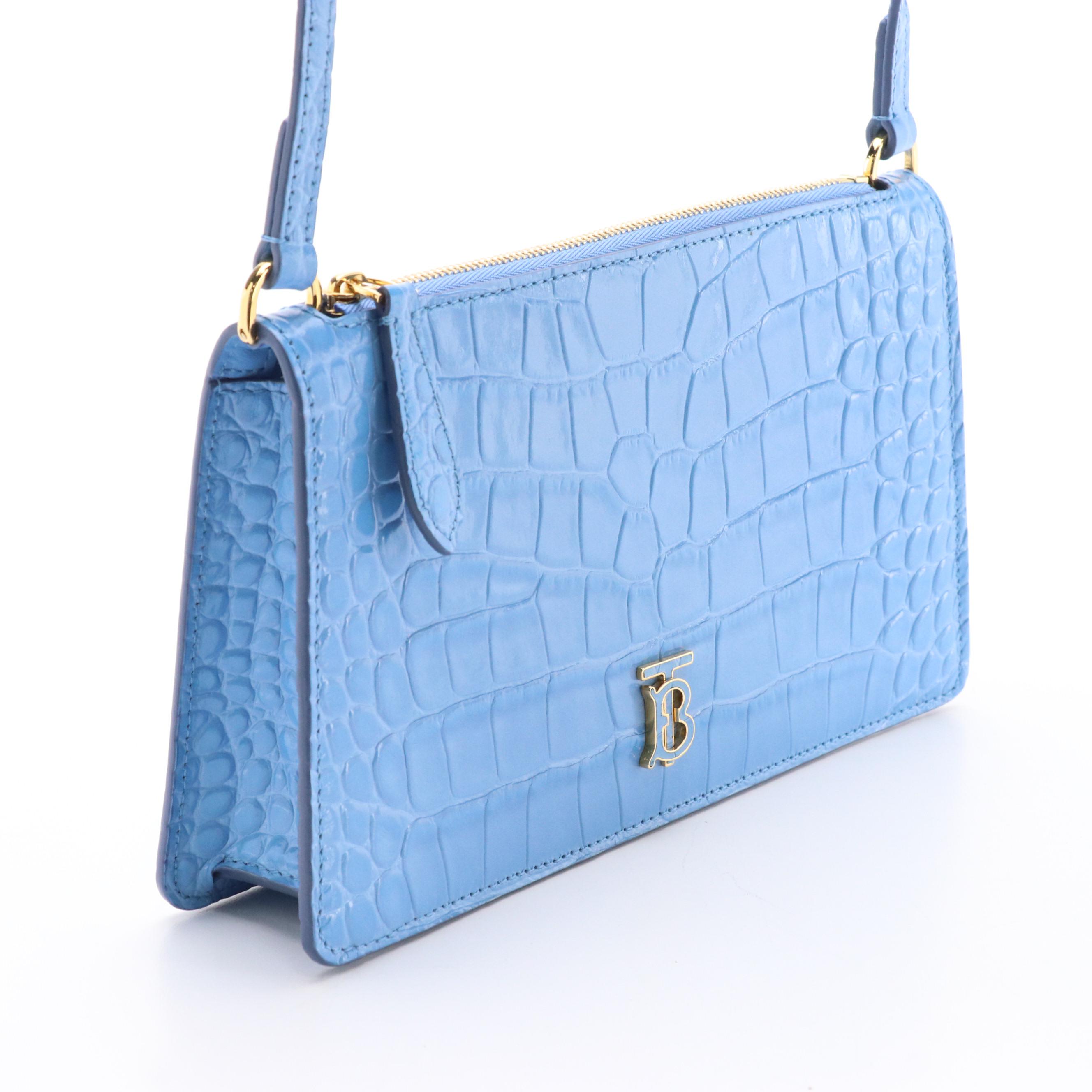Burberry TB Logo Sky Blue Croc-Embossed Leather Mini Zip Shoulder Bag
