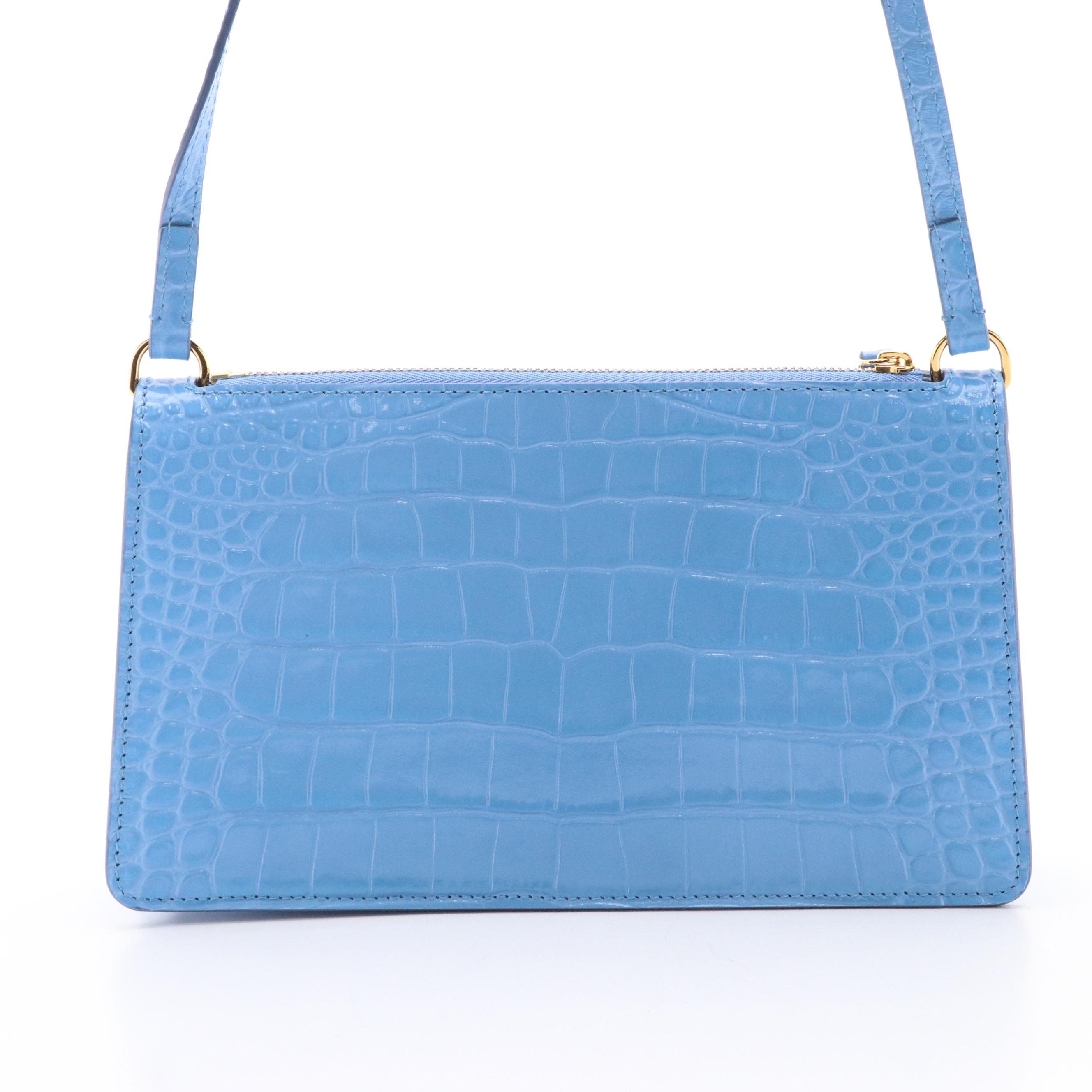 Burberry TB Logo Sky Blue Croc-Embossed Leather Mini Zip Shoulder Bag
