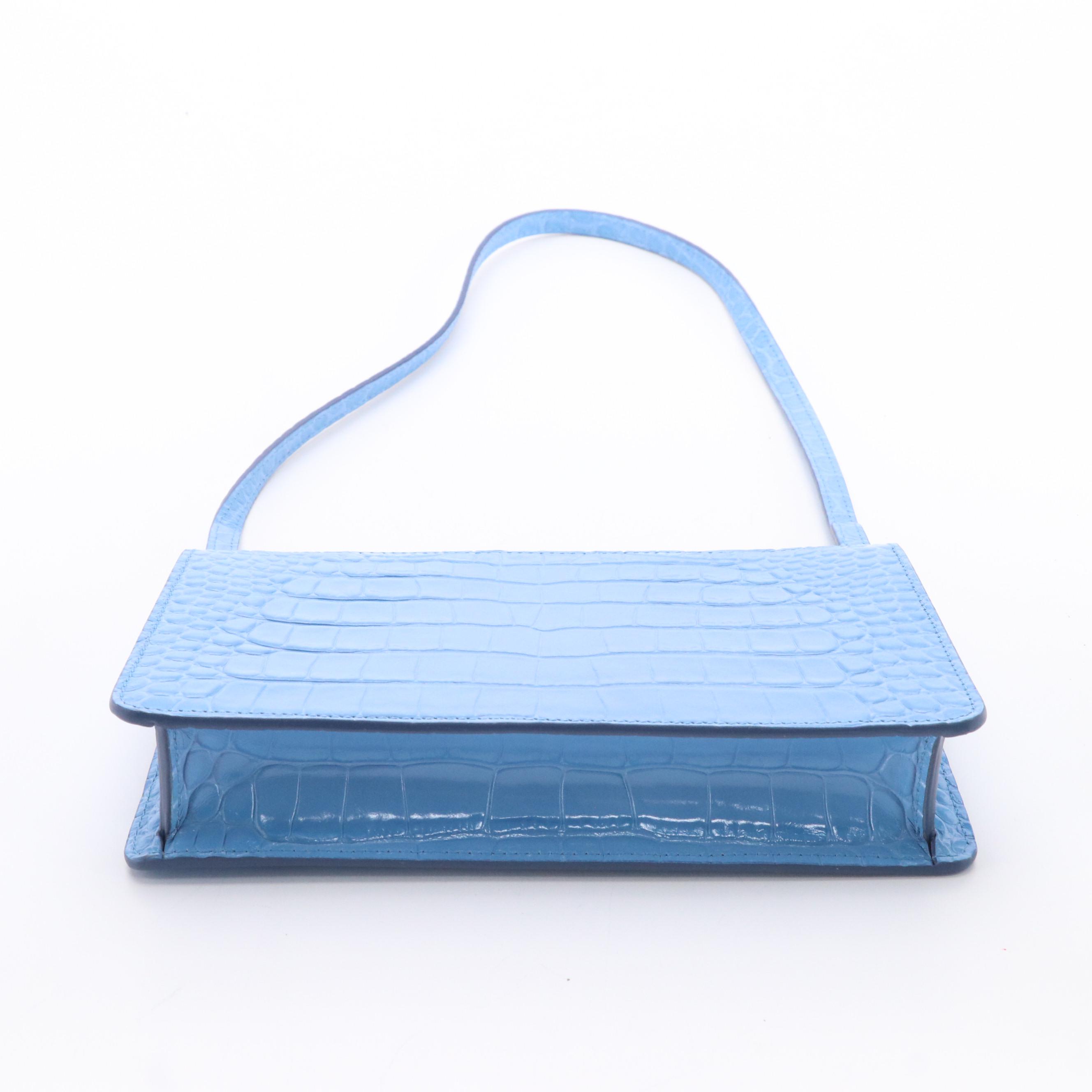 Burberry TB Logo Sky Blue Croc-Embossed Leather Mini Zip Shoulder Bag