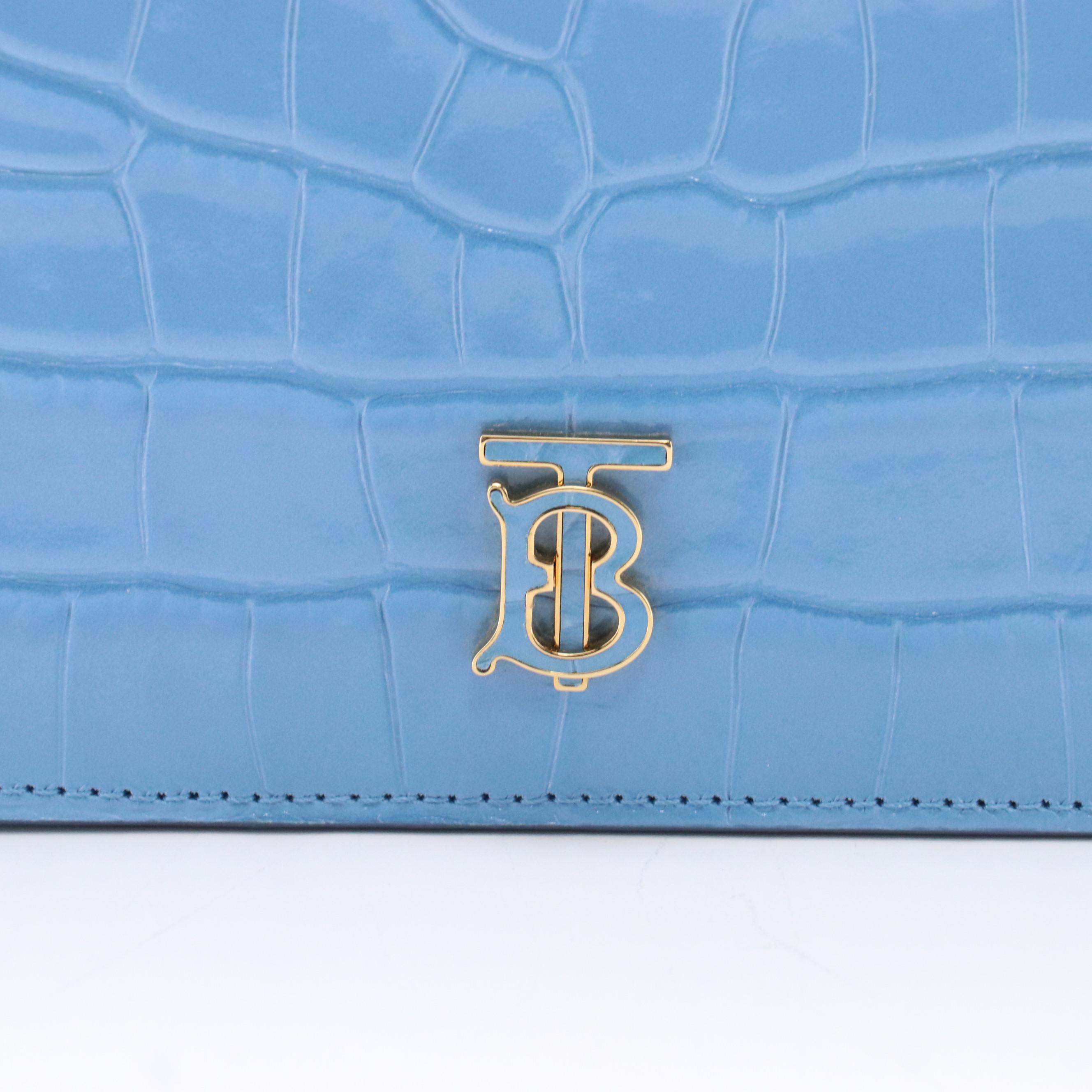Burberry TB Logo Sky Blue Croc-Embossed Leather Mini Zip Shoulder Bag