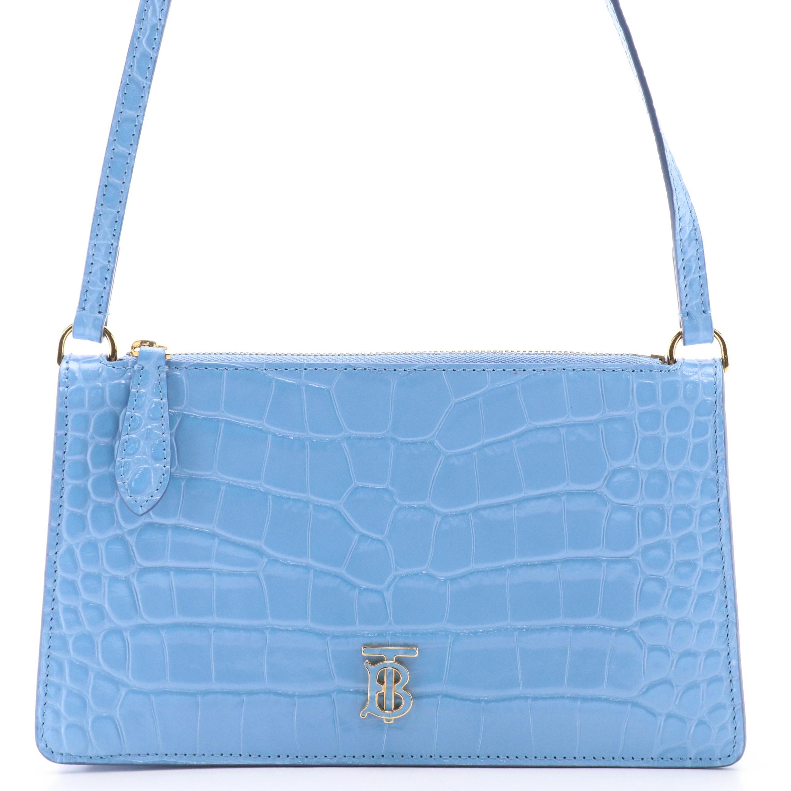 Burberry TB Logo Sky Blue Croc-Embossed Leather Mini Zip Shoulder Bag