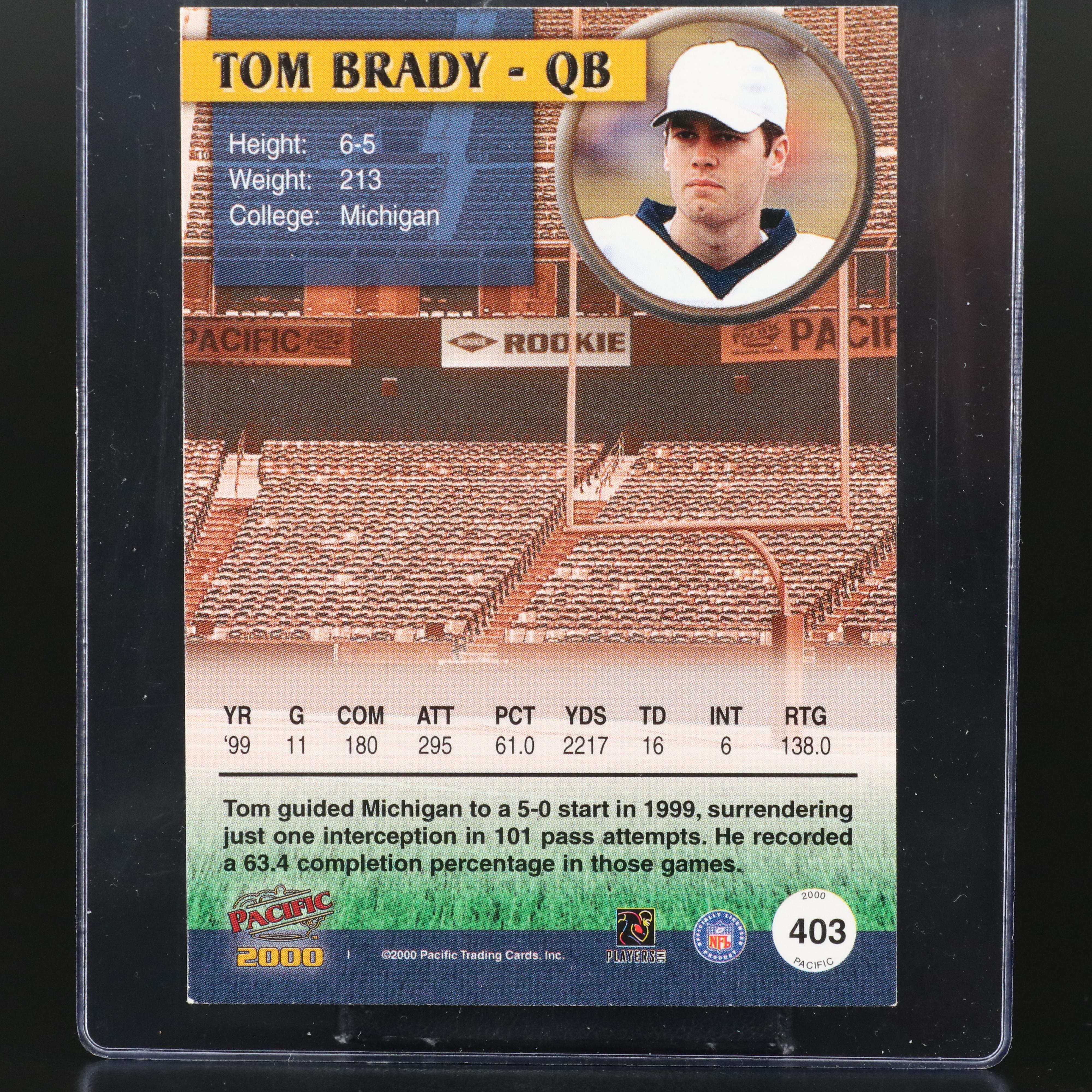 2000 Pacific Tom Brady Michigan Wolverines Rookie Football Card