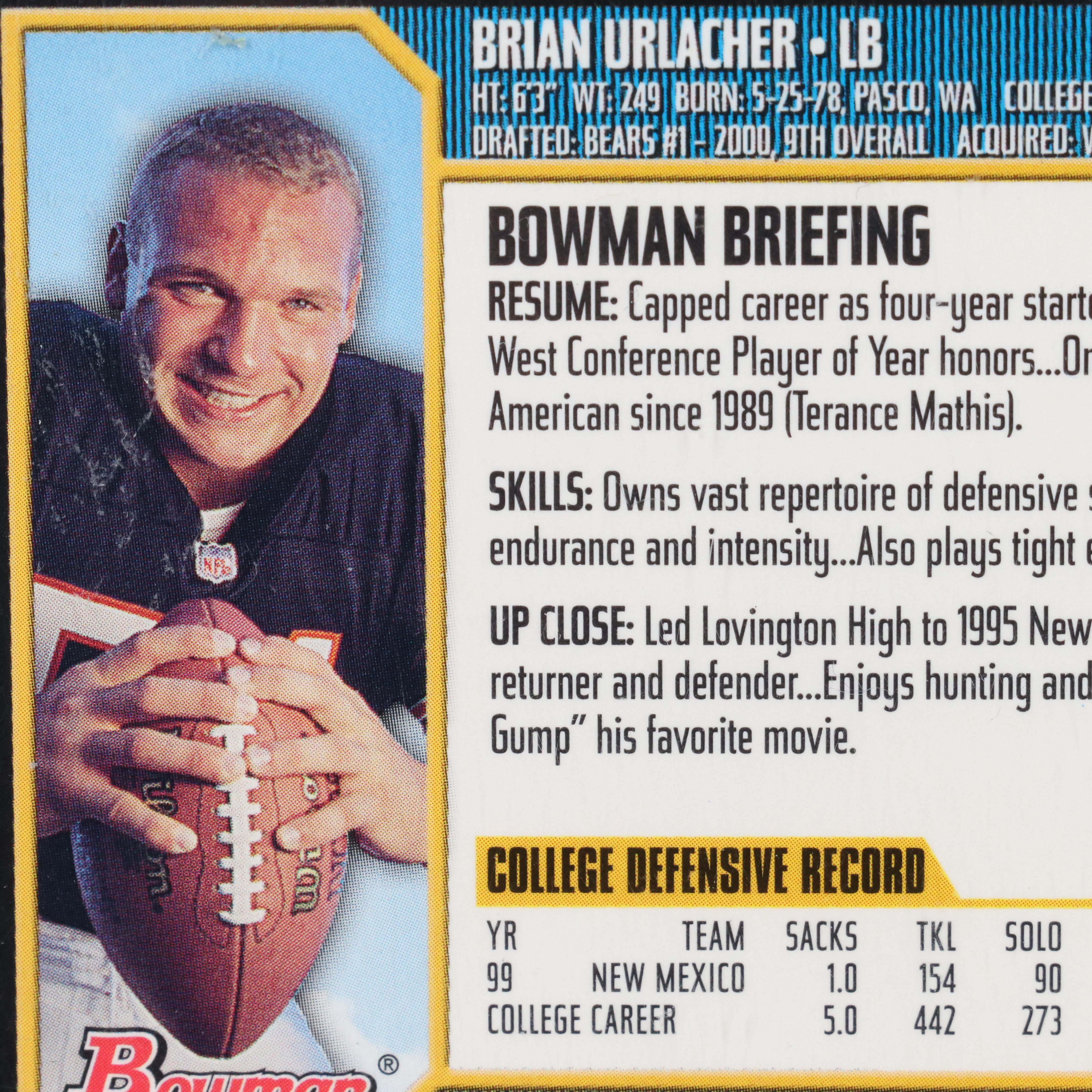 2000 Bowman Brian Urlacher Chicago Bears Rookie Football Card