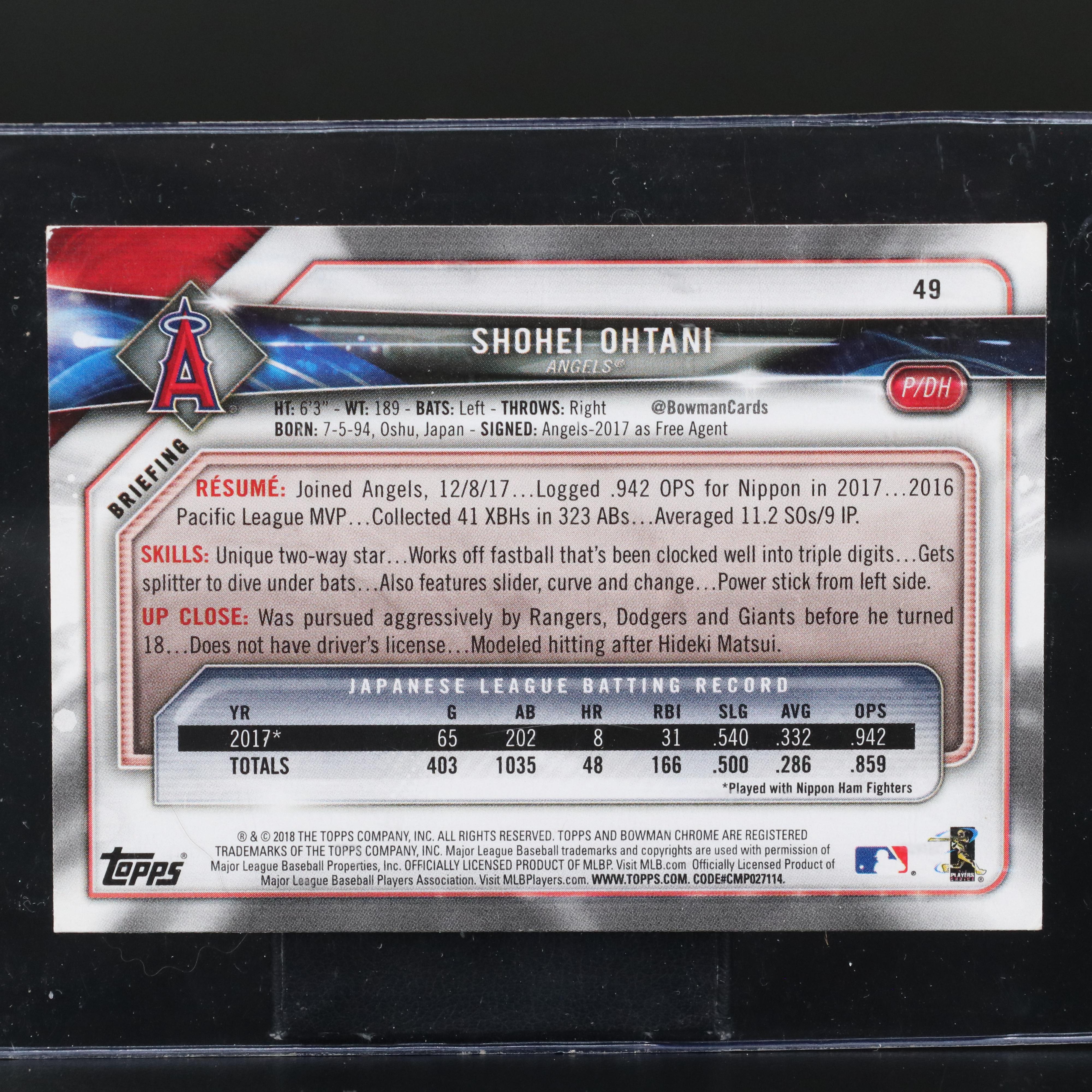 2018 Bowman Shohei Ohtani Los Angeles Angels Rookie Baseball Card