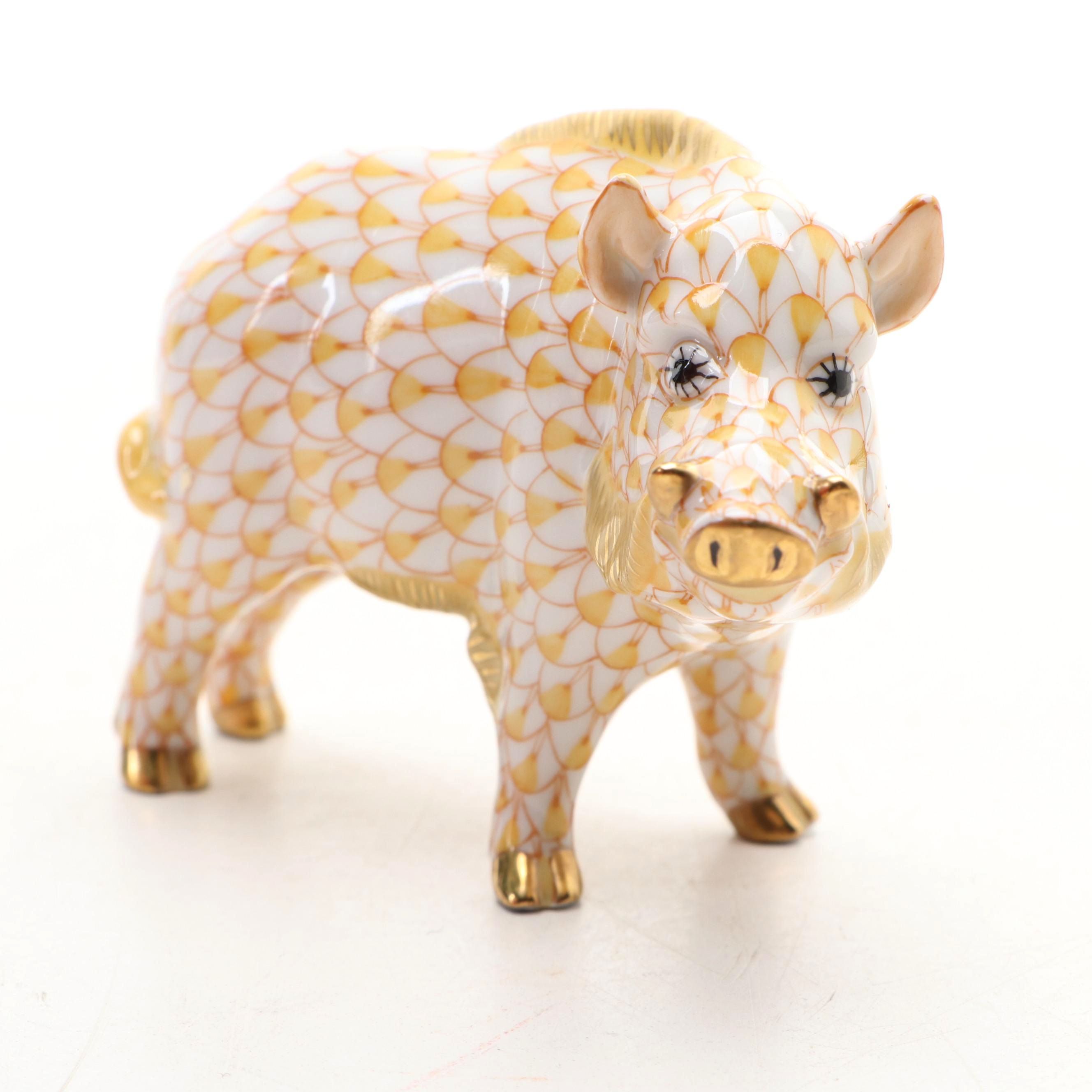 Herend Butterscotch Fishnet with Gold "Wild Boar" Porcelain Figurine, 1996