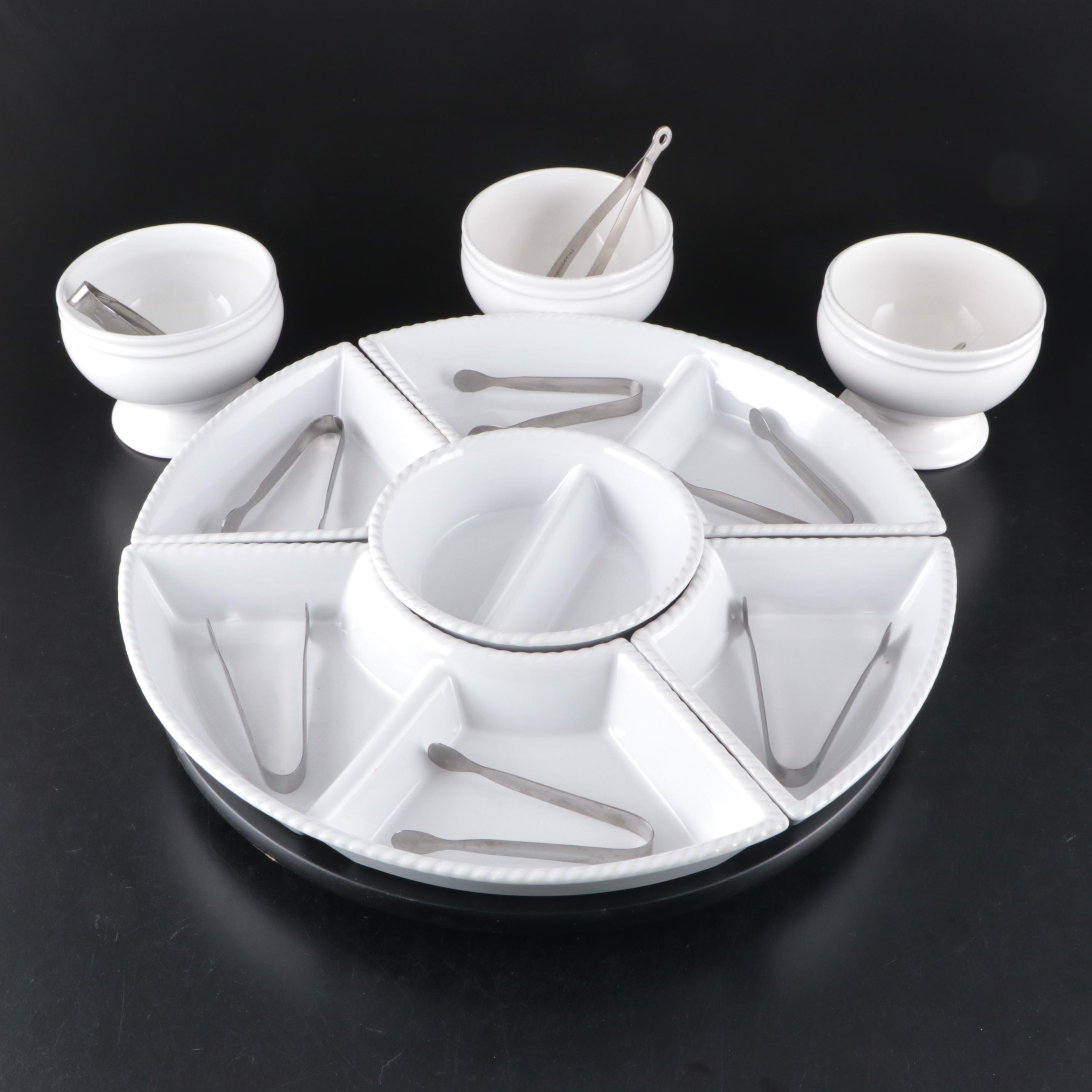Overandback "Eight is Enough" Stoneware Lazy Susan Dishes with Bowls and Tongs