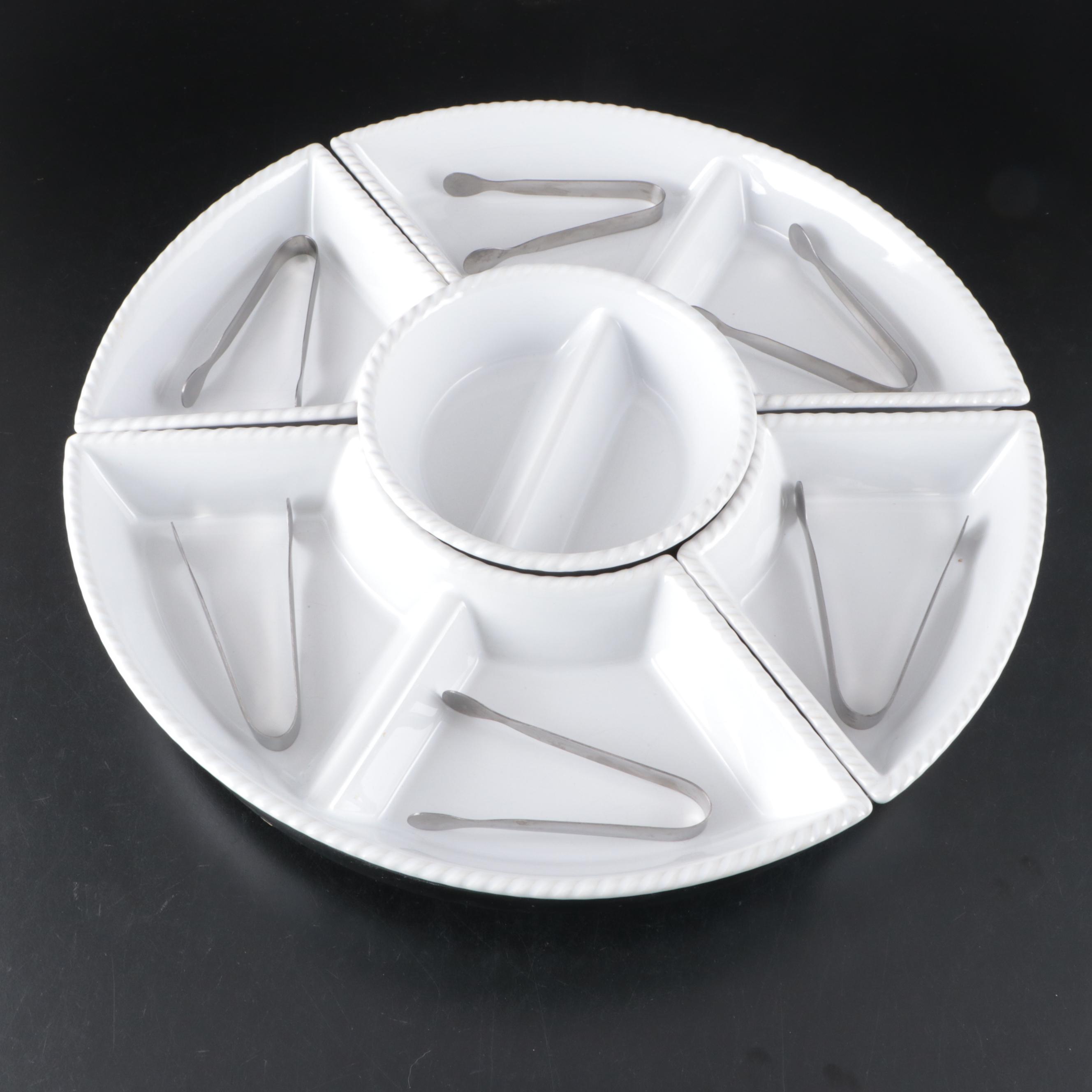 Overandback "Eight is Enough" Stoneware Lazy Susan Dishes with Bowls and Tongs