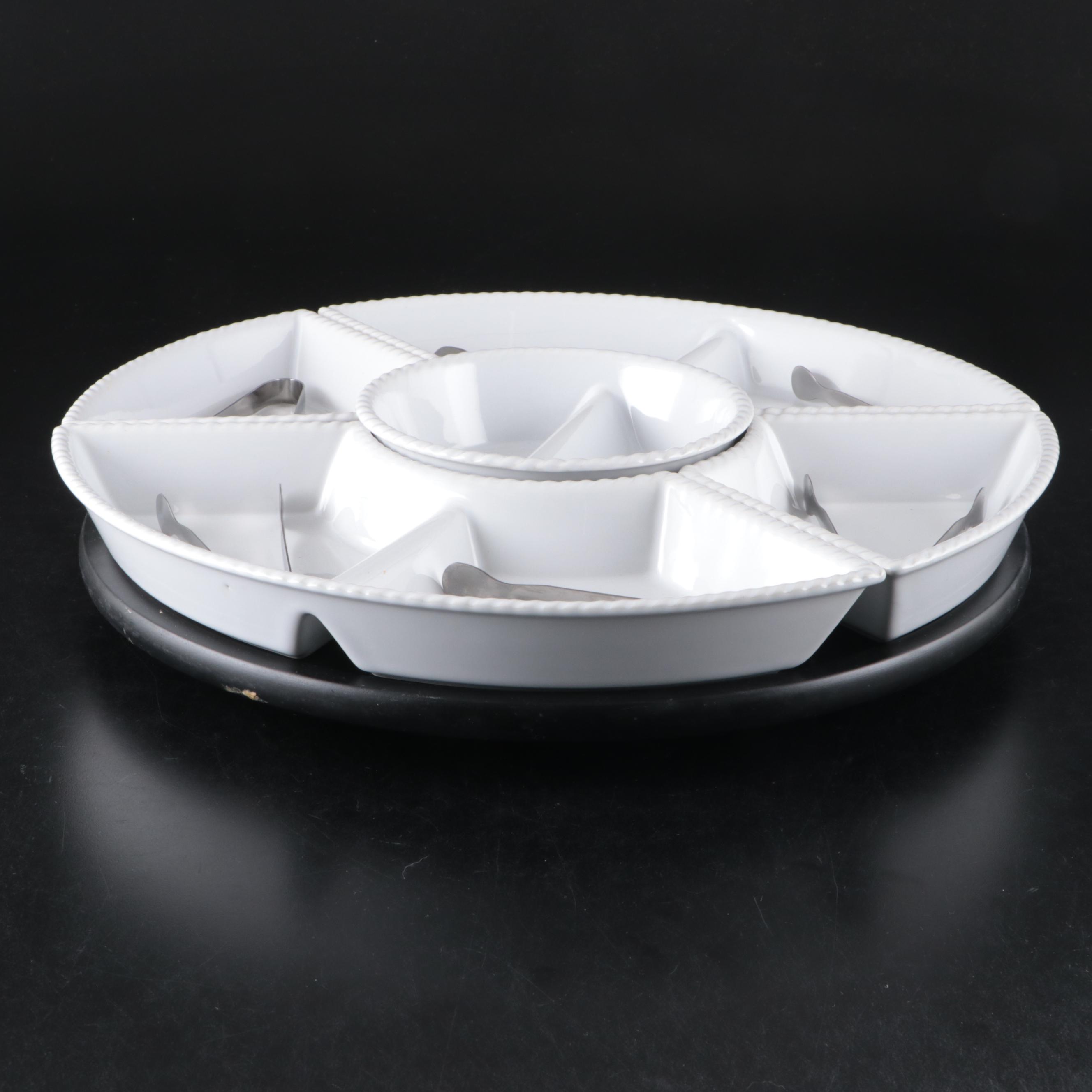 Overandback "Eight is Enough" Stoneware Lazy Susan Dishes with Bowls and Tongs