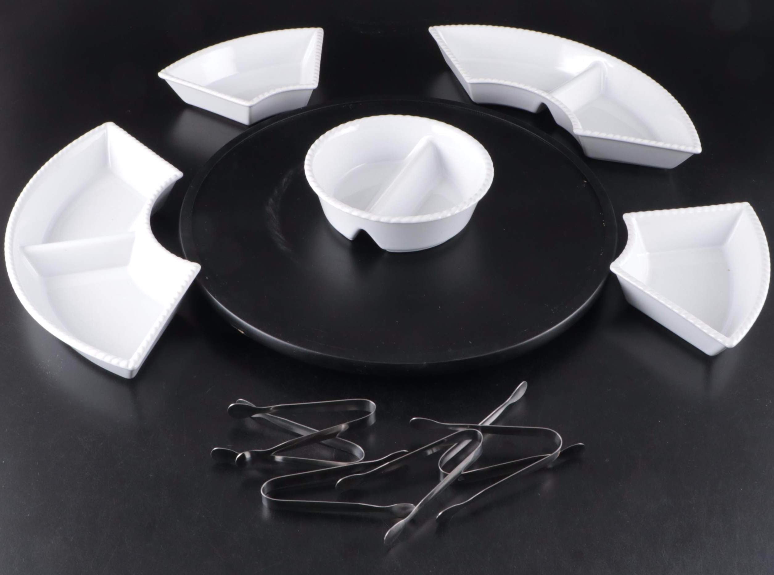 Overandback "Eight is Enough" Stoneware Lazy Susan Dishes with Bowls and Tongs